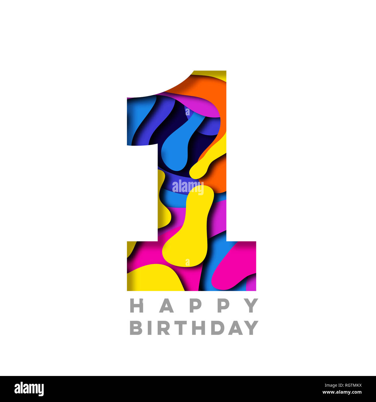 Number 1 Happy Birthday colorful paper cut out design Stock Photo