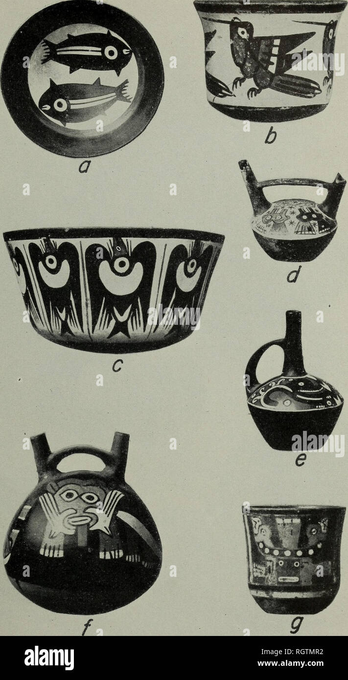 . Bulletin. Ethnology. Plate 25.—Nazca style pottery, a-c, f, Nazca A style; d, e, g, Nazca Y or Epigonal (Tiahuanaco influenced) style. (After Schmidt, 1929, pp. 335, 331, 337, 330, 330. 342, 330.). Please note that these images are extracted from scanned page images that may have been digitally enhanced for readability - coloration and appearance of these illustrations may not perfectly resemble the original work.. Smithsonian Institution. Bureau of American Ethnology. Washington : G. P. O. Stock Photo