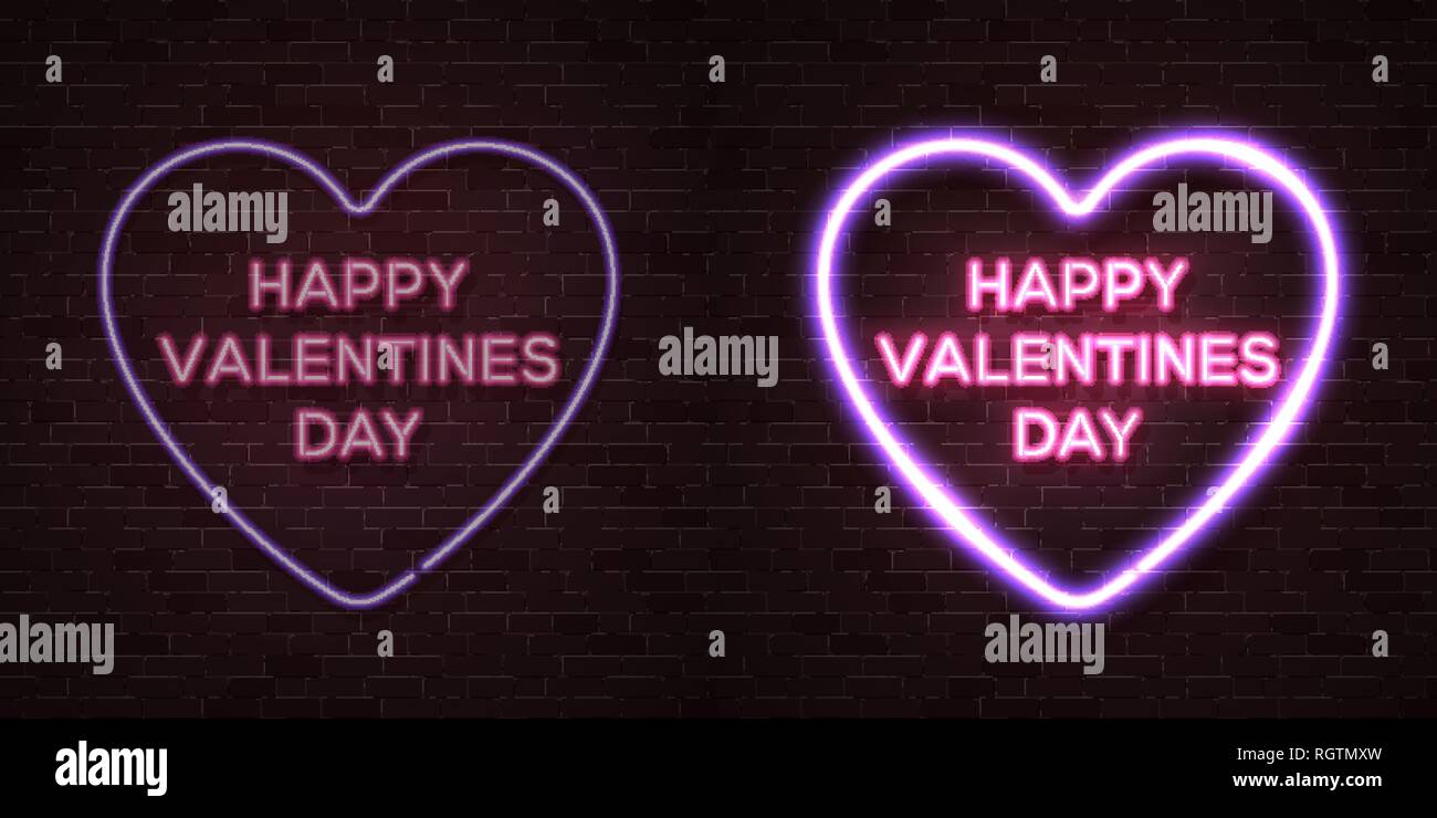 Happy Valentines Day card with neon letters. Heart shape glowing ...