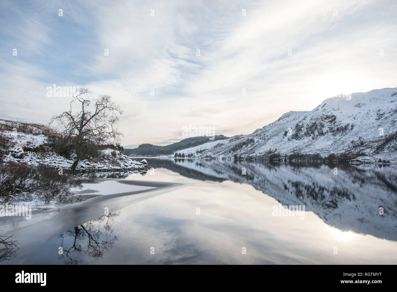 Ice and snow covering Glen Finglas Reservoir Woodland Trust reserve at Glen Finglas. Stock Photo