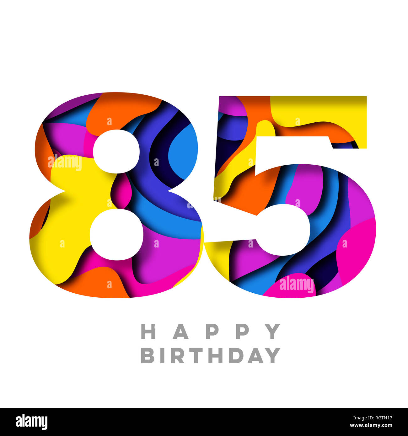 Number 85 Happy Birthday colorful paper cut out design Stock Photo