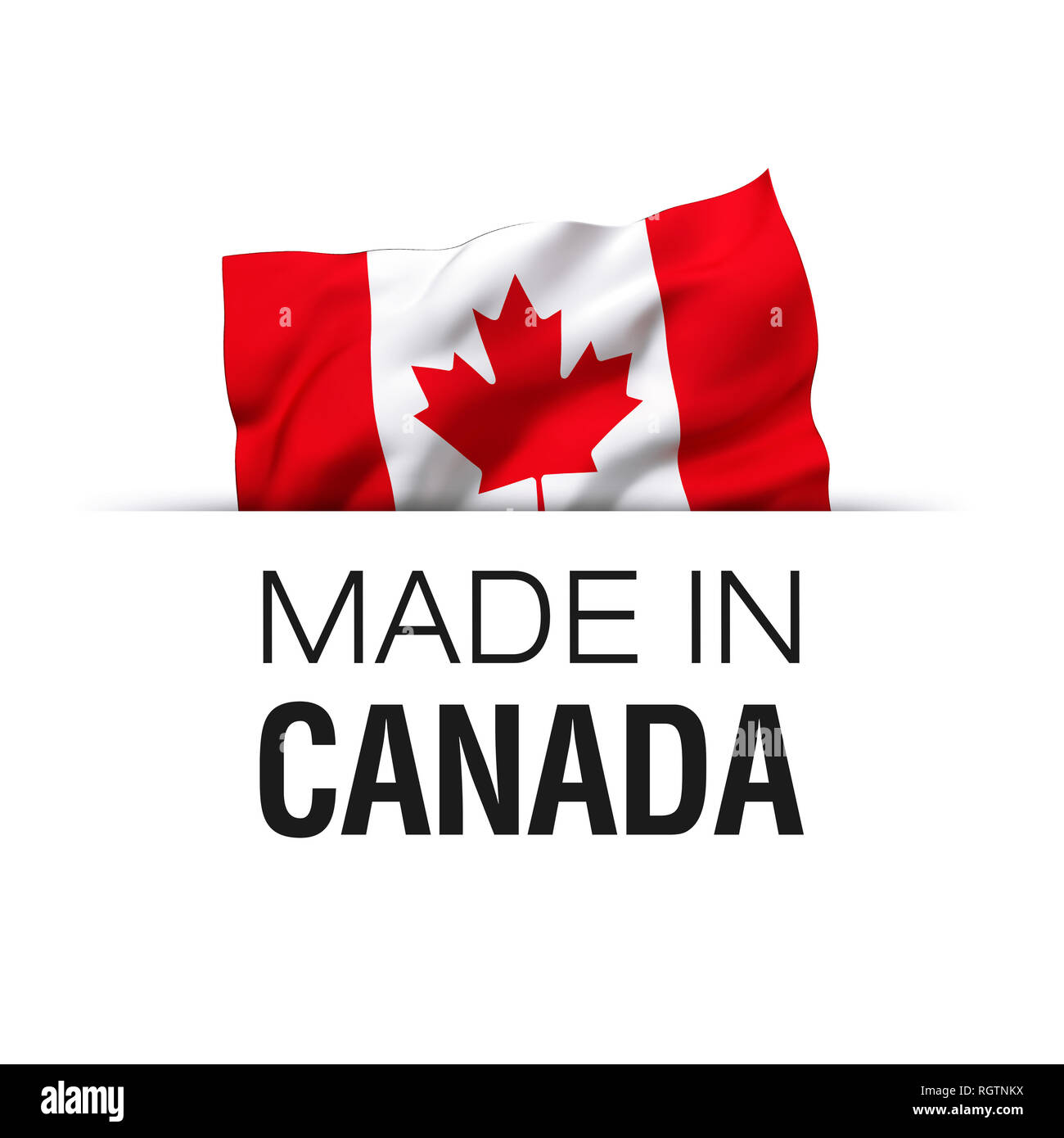 Made in Canada - Guarantee label with a waving Canadian flag. Stock Photo