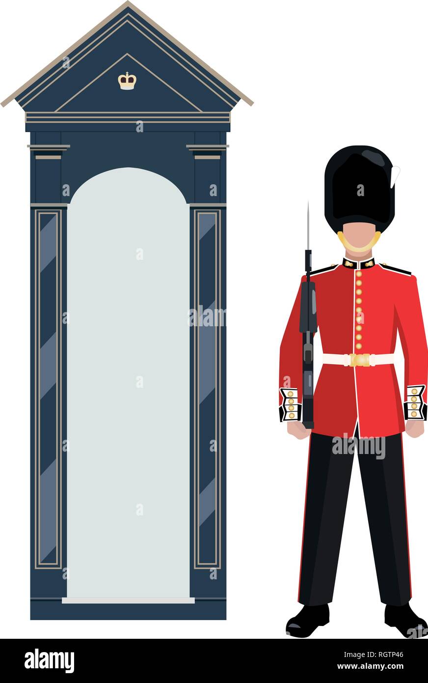 Sentry of The Grenadier Guards outside Buckingham Palace. A soldier in a red uniform and Bearskin cap is holding a gun. GREN GDS - one of the symbols  Stock Vector