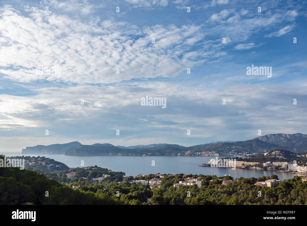 View of Santa Ponsa from the Puig de sa Morisca Archaeological Park, Mallorca Stock Photo