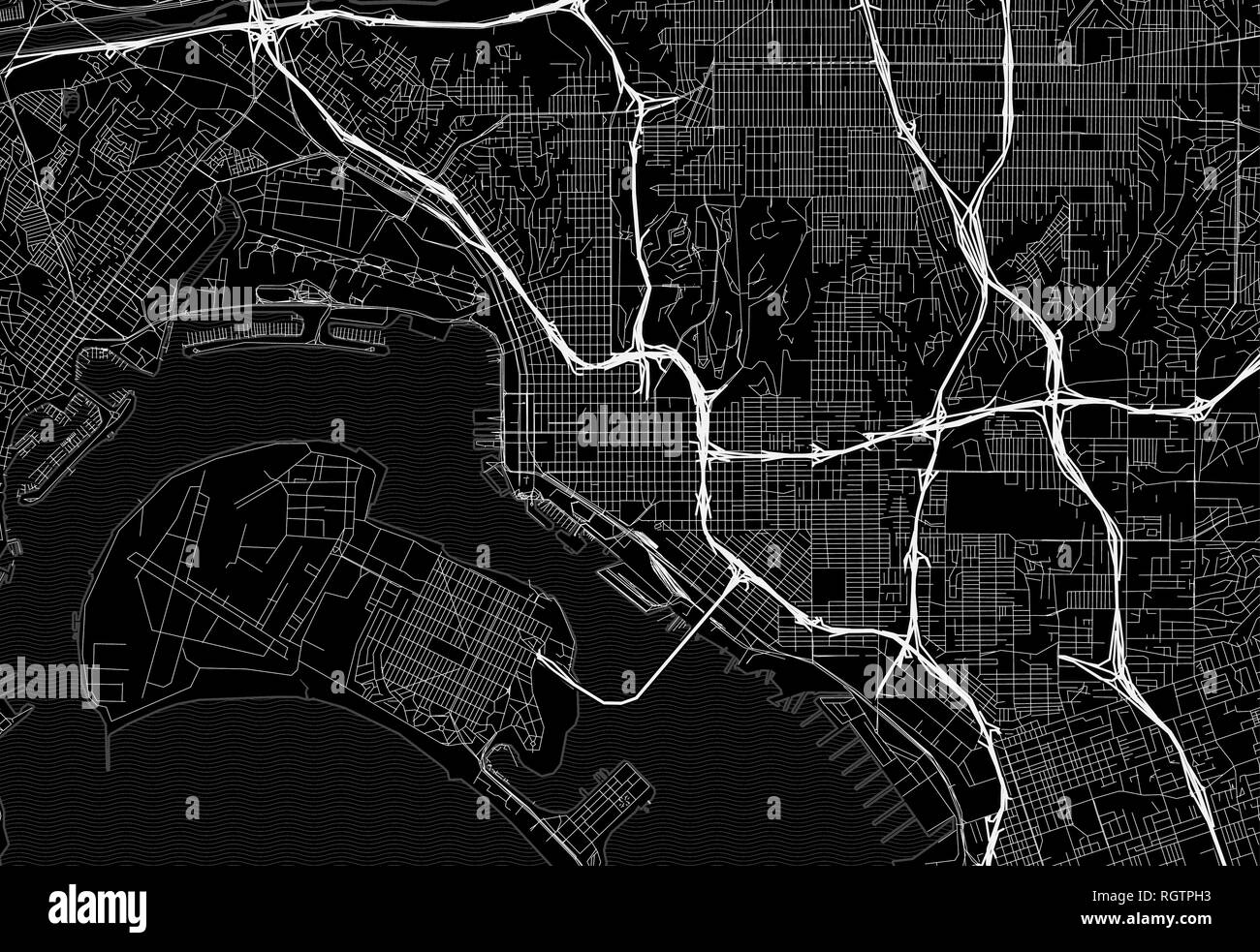 Black map of downtown San Diego, U.S.A. This vector artmap is created as a decorative background or a unique travel sign. Stock Vector