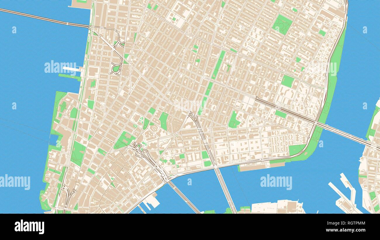 Classic streetmap of Manhattan, New York City. This classic colored map of Manhattan contains several shapes for highways, bigger and smaller streets, Stock Vector