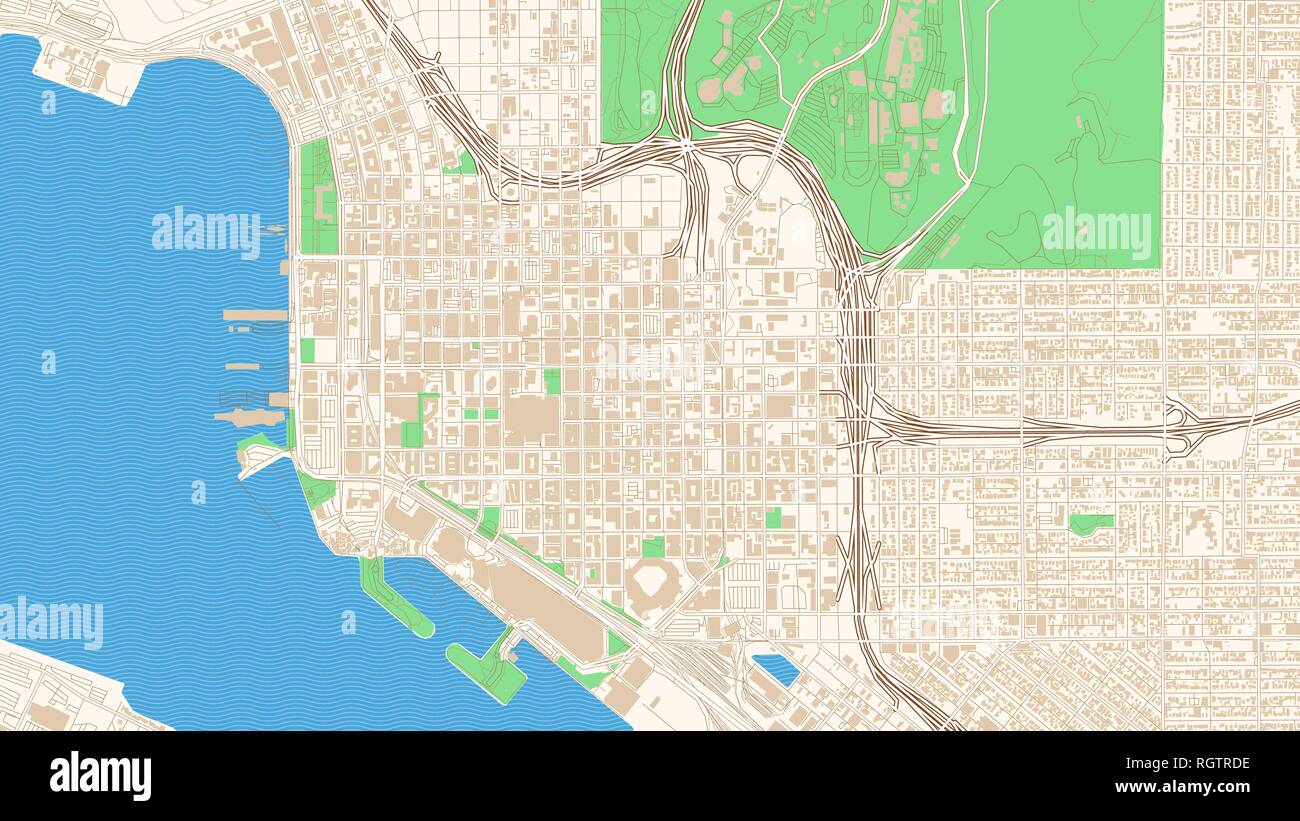 Street map of San Diego, California. This classic colored map of San Diego contains several shapes for highways, bigger and smaller streets, water and Stock Vector