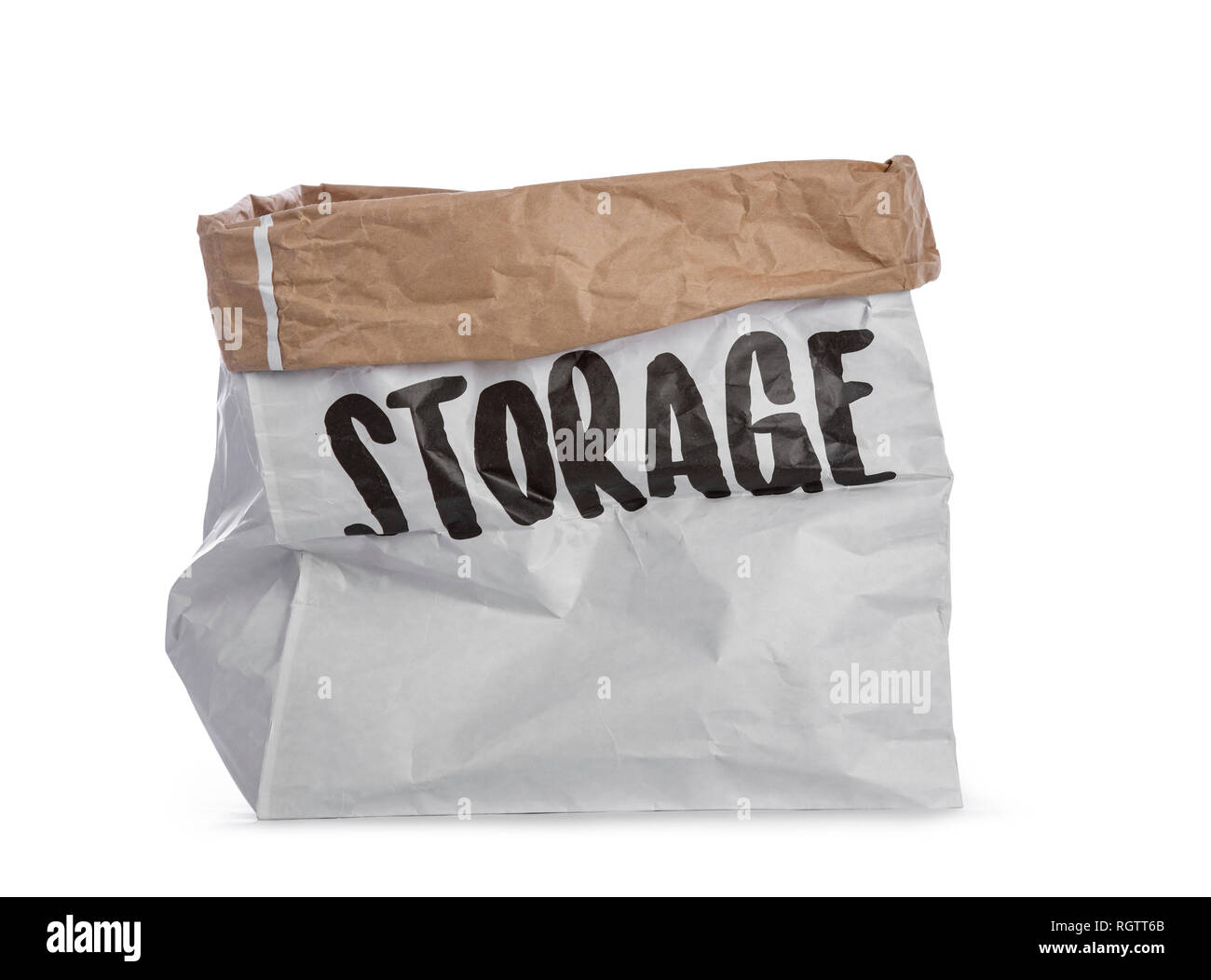 Empty big paper bag with storage written on the side. Isolated on a white background. Stock Photo