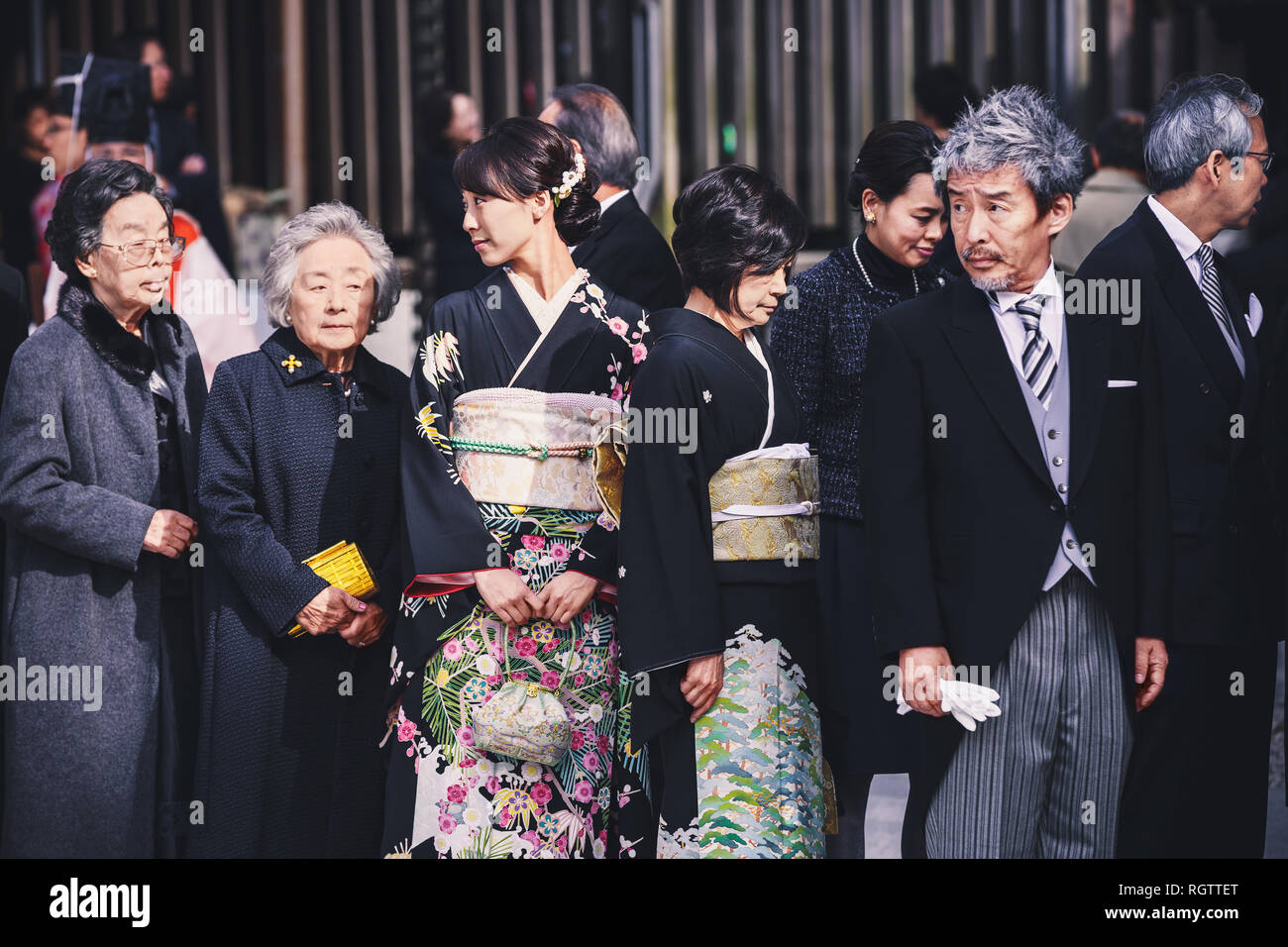 Tokyo, Japan - November 18, 2018: Guests during traditional Japanese wedding ceremony held in the Meiji Jingu (Meiji Shrine). Meiji Shrine is very pop Stock Photo