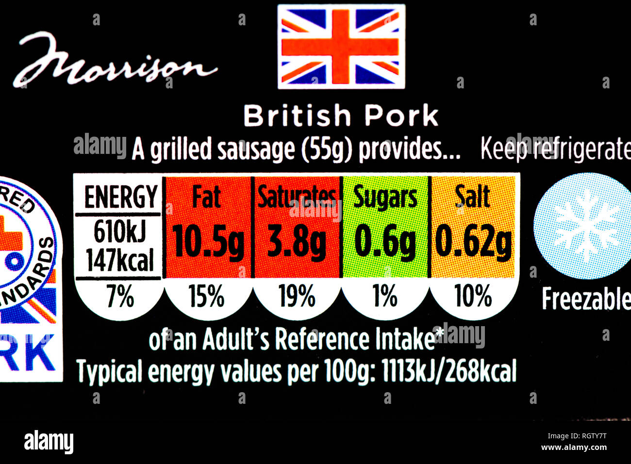 Traffic light system used on food and drink packaging for human consumption in the UK. Stock Photo