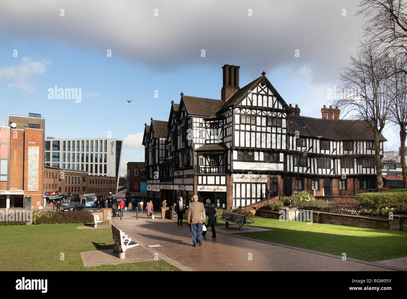 Trinity Street in Coventry depicting the Flying Standard pub named by the Weatherspoon chain after Coventry's associations with the Triumph factory Stock Photo