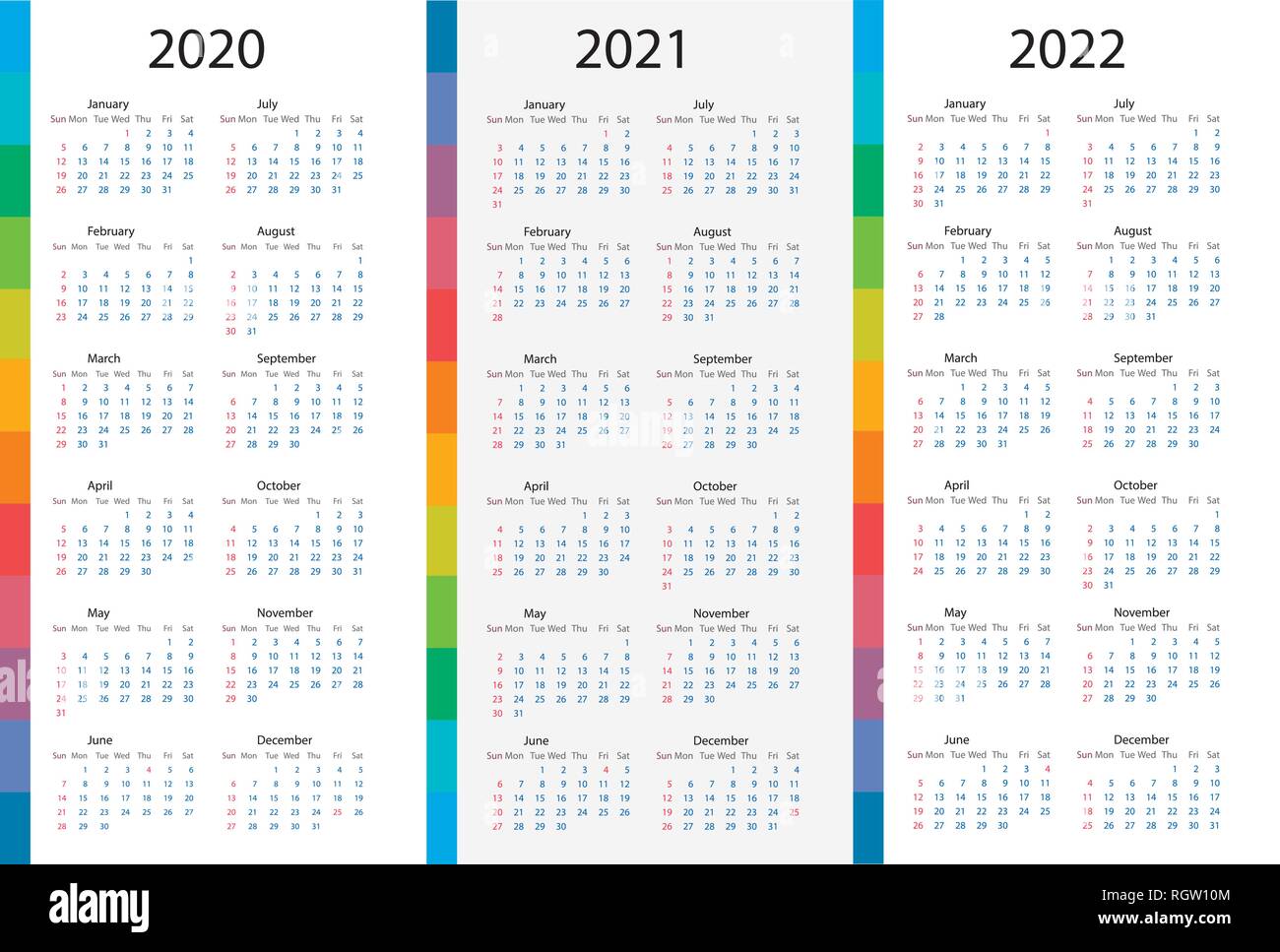 Calendar template set for 2020, 2021, 2022 years. Week starts on Monday Stock Vector