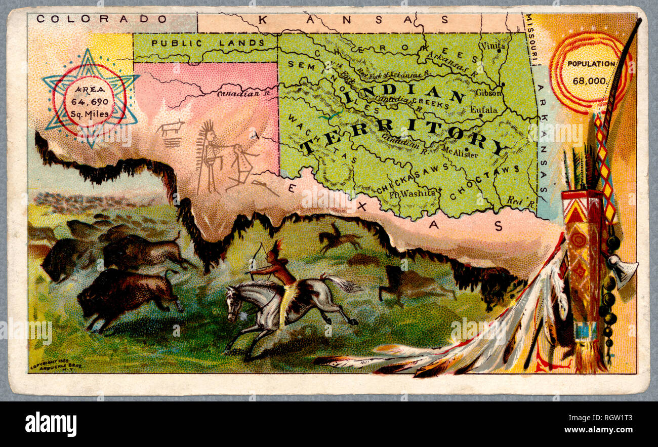 'indian Territory' map and illustration. The areas is now the state of Oklahoma. Old map was issued in 1889 Stock Photo