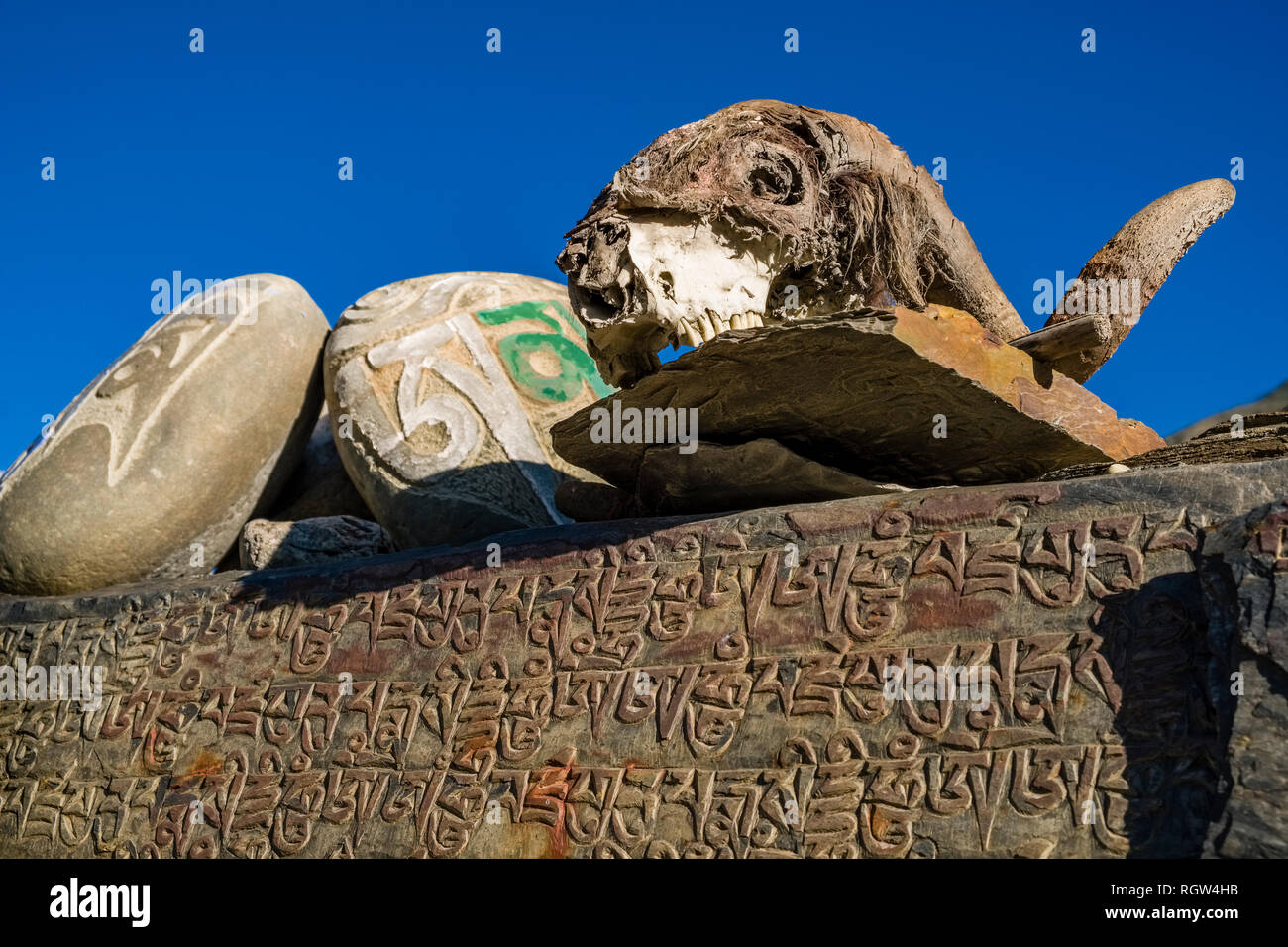 Mani Stone with the rock carved buddhist mantra of Avalokiteshwara, the Om Mani Padme Hum, and a animal skull at the entrance of the village Stock Photo