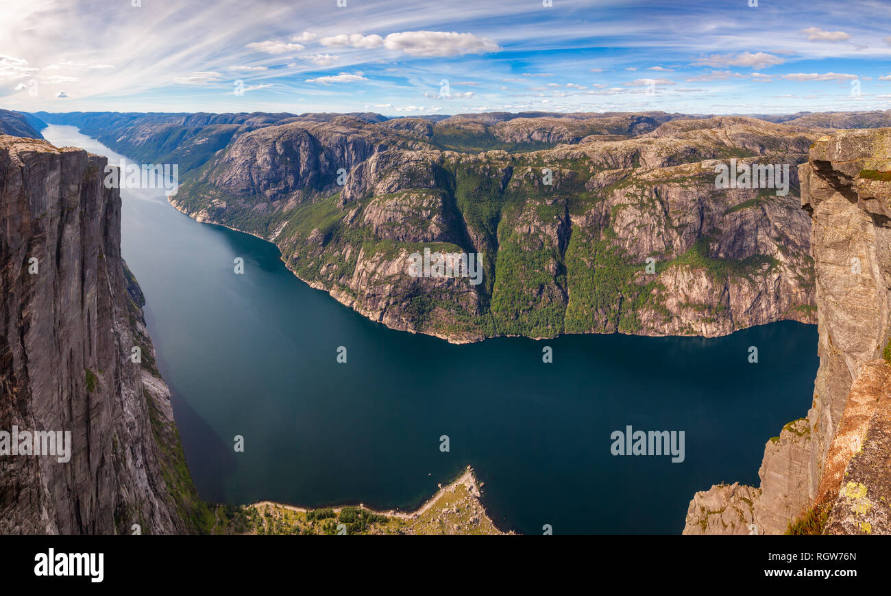 Panoramic aerial view of Lysefjord (Lysefjorden) from Kjerag (or Kiragg) Plateau, a popular travel and BASE jumping destination in Forsand municipalit Stock Photo