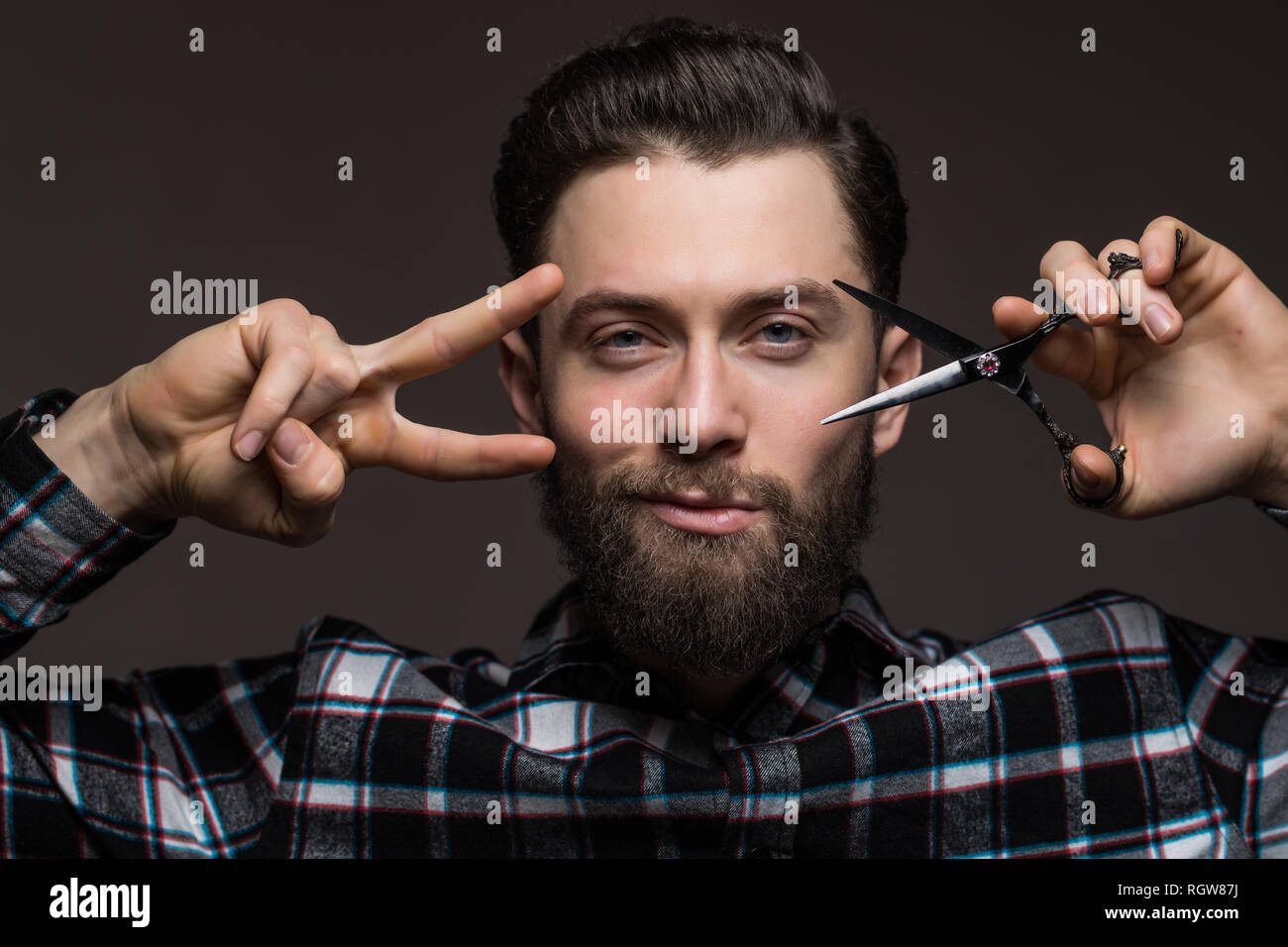 Bearded Man Young Man In Plaid Shirt Holding Barber Scissors And
