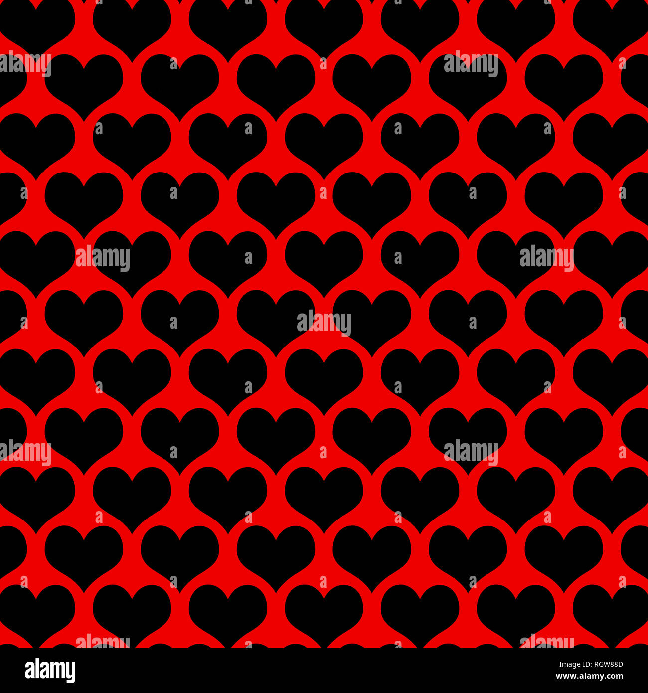 Black Hearts on a red background textured pattern. Stock Photo