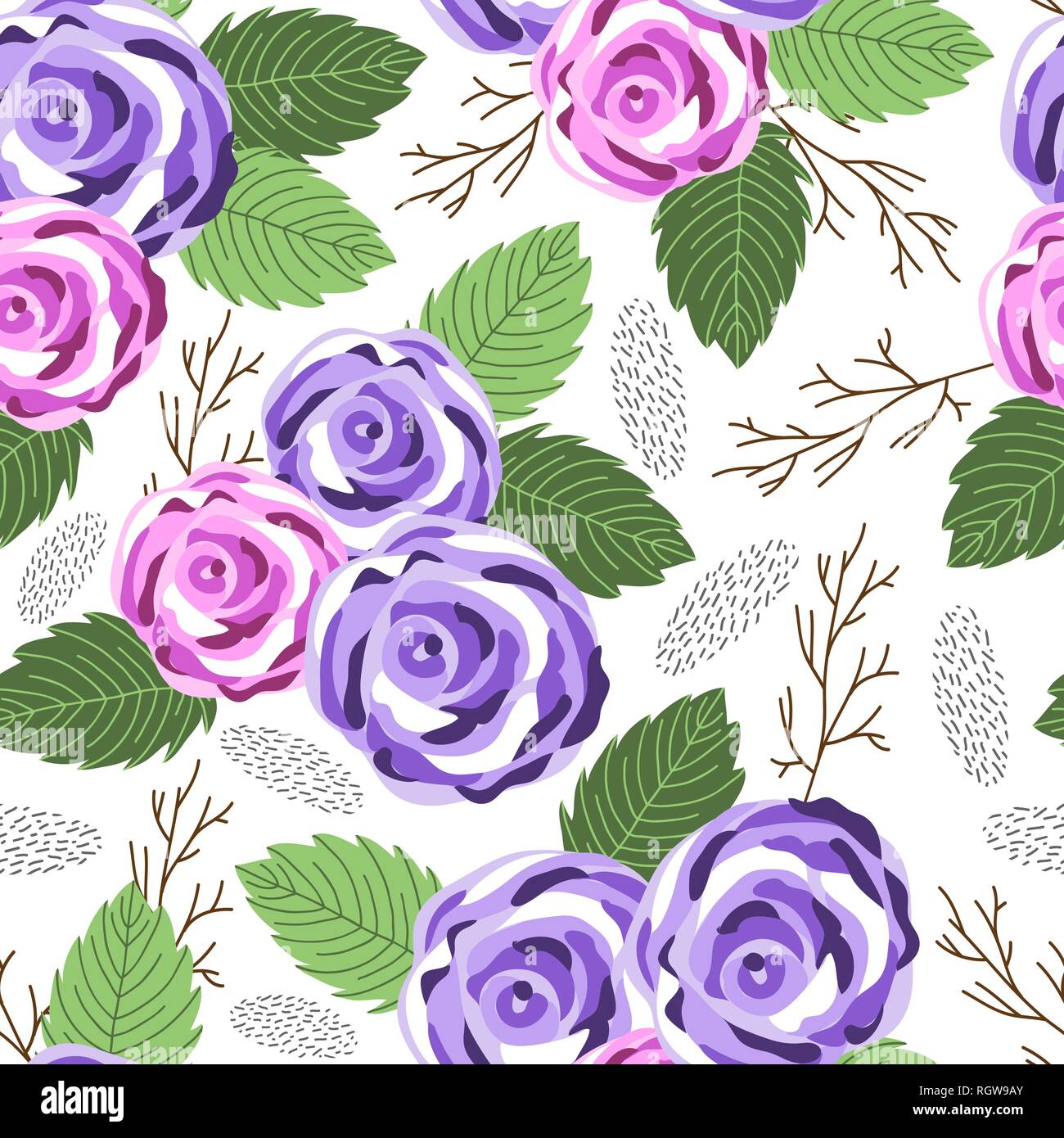 Vector Seamless Pattern With Rose Flowers Pink Outline On The