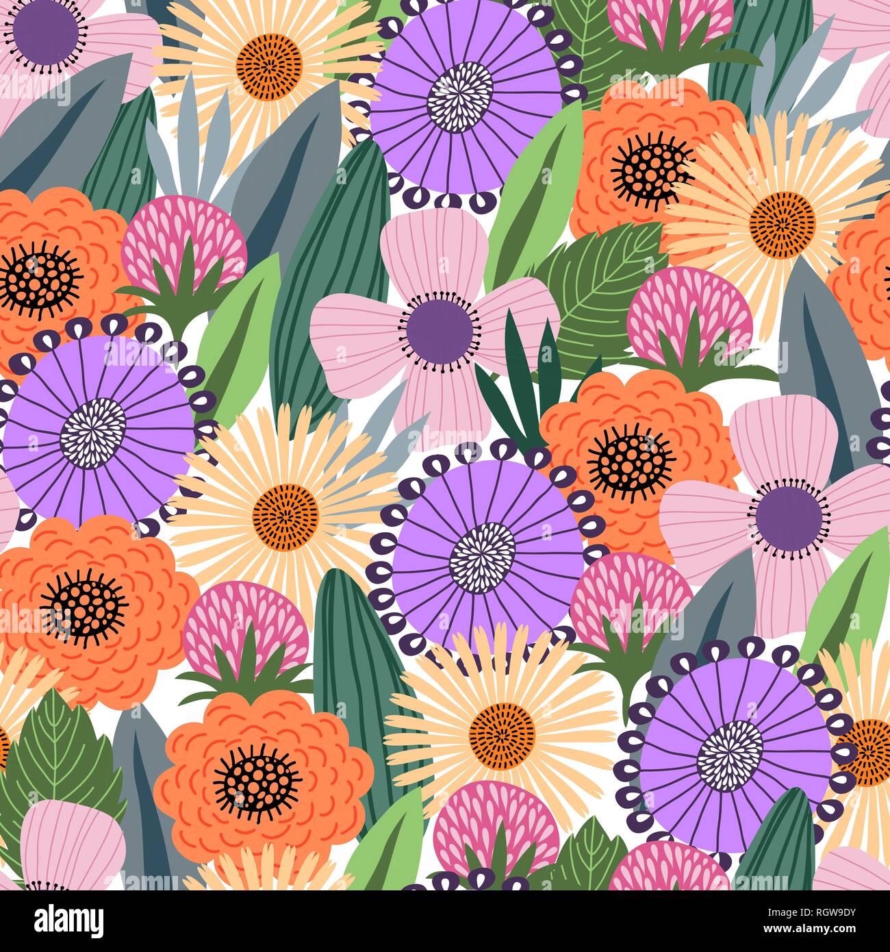 Seamless pattern with cute doodle flowers and leaves on dark background ...