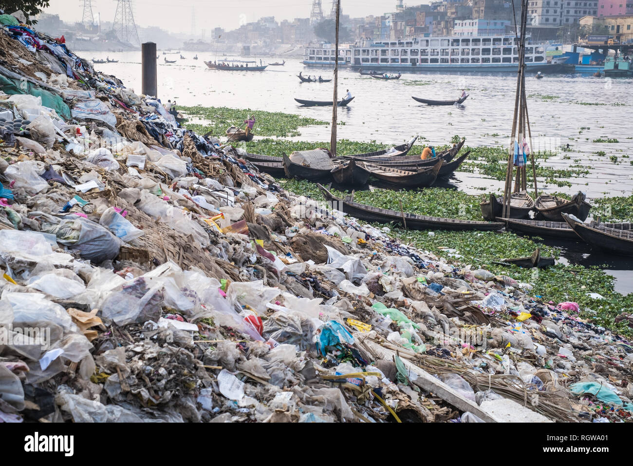 garbage and plastic pollution on the river bank in Dhaka, Bangladesh