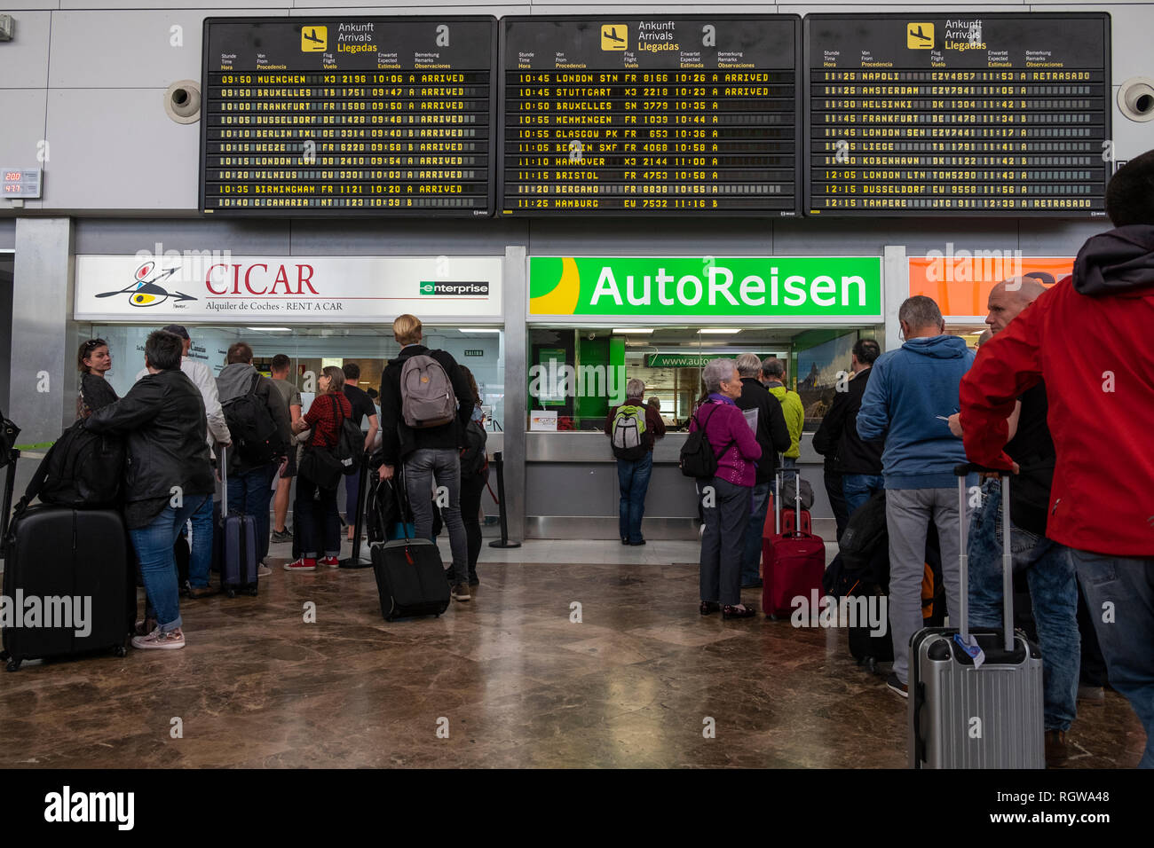 Cicar and Autoreisen car rental office, counter, at Tenerife south airport arrivals area, Canary Islands, Spain Stock Photo