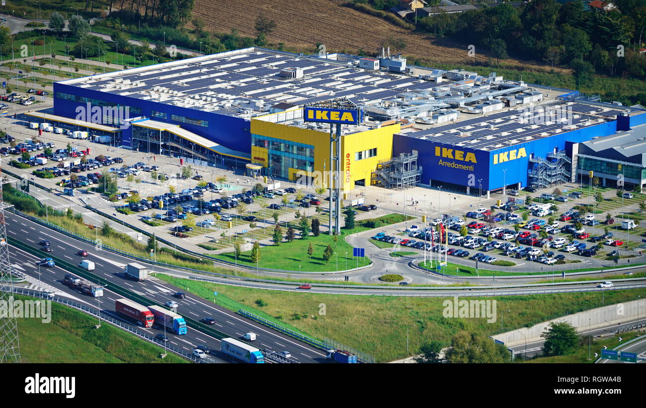 Turin, Italy - September 2018: Aerial view over the local Ikea store and the customer parking Stock Photo