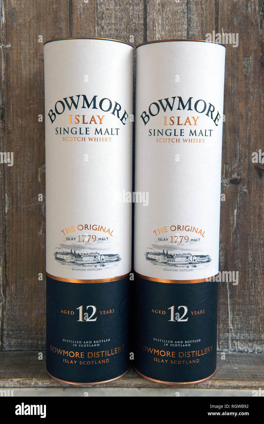 Two bottles of Bowmore Islay Malt Whisky, 12 years old, in presentation containers. Distilled on the Isle of Islay. Stock Photo