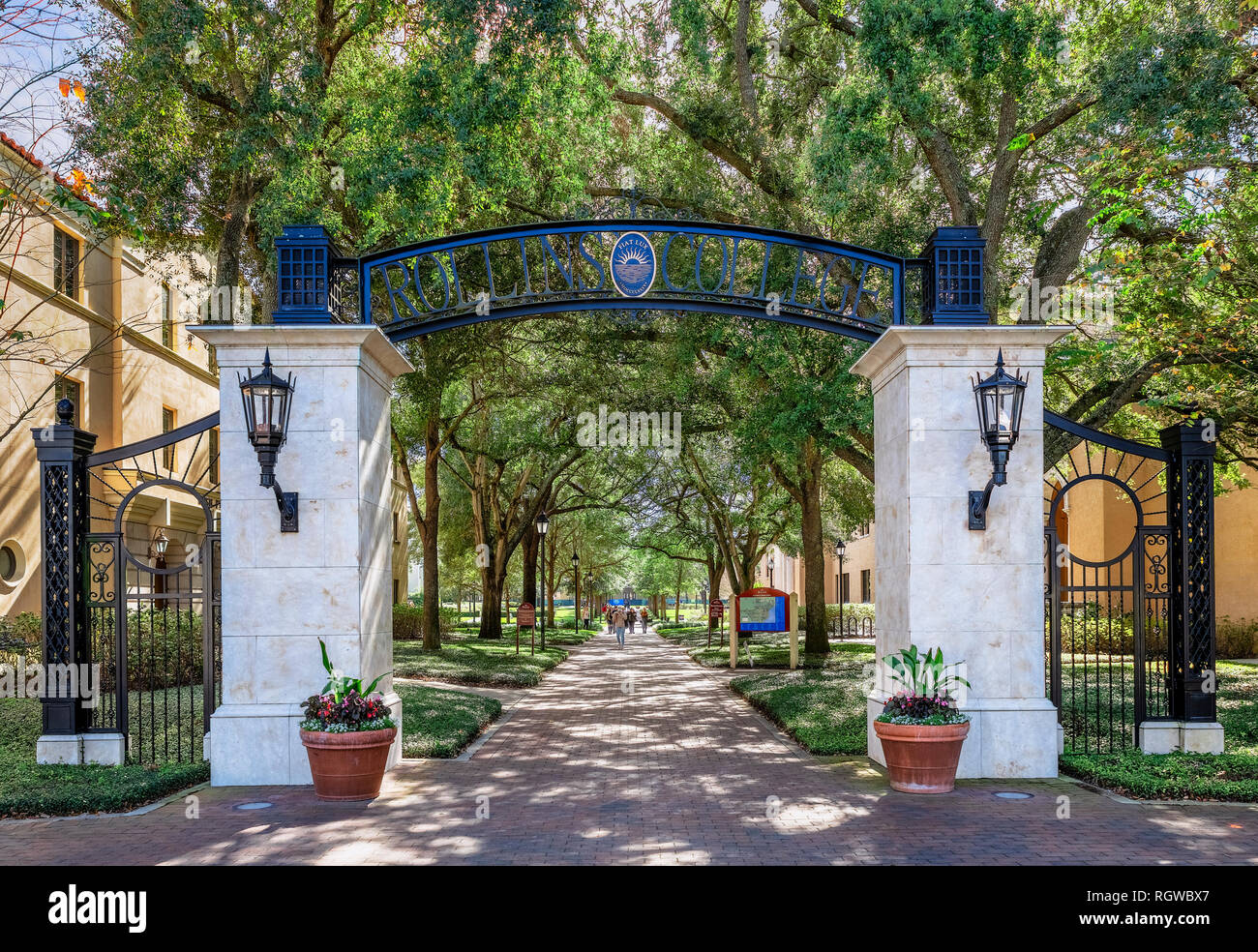 Entrance gate to Rollins College  campus, Winter Park, Florida, USA. Stock Photo