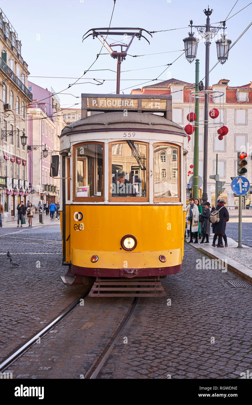 Yellow tram in Lisbon, Portugal, January 2019 Stock Photo