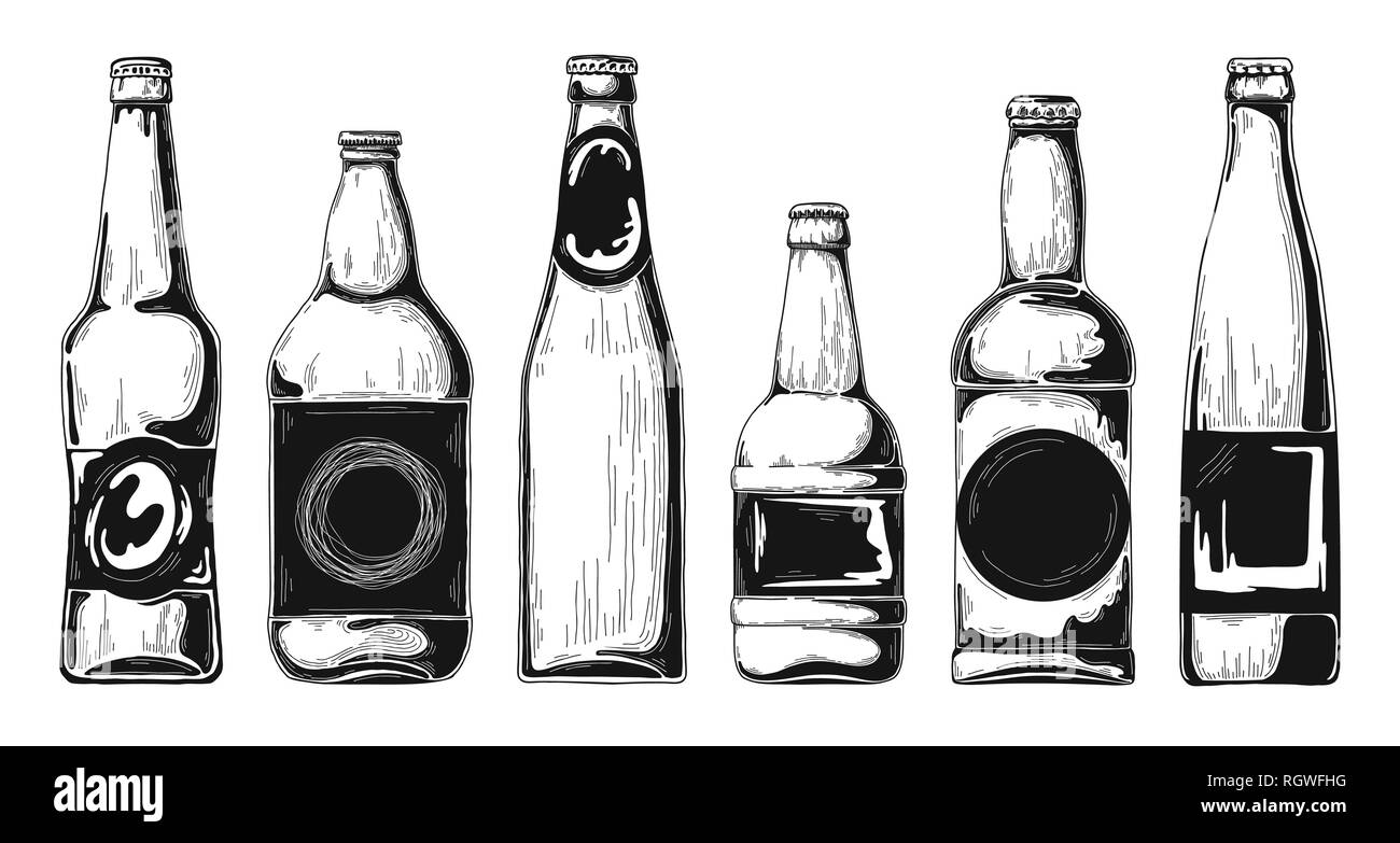 Set of beer bottles. Vector illustration. Sketch Stock Vector Image ...