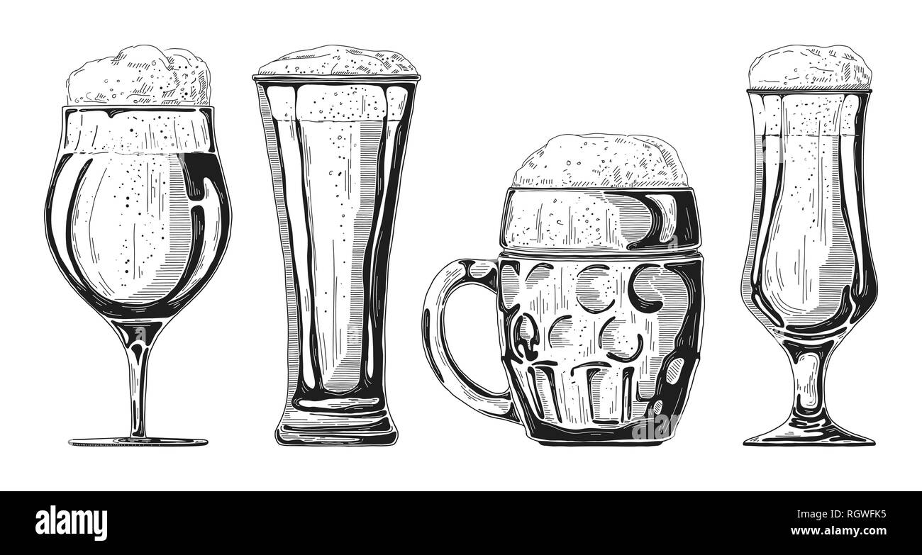 Set of different glasses with beer, different mugs of beer. Vector illustration of a sketch style. Stock Vector