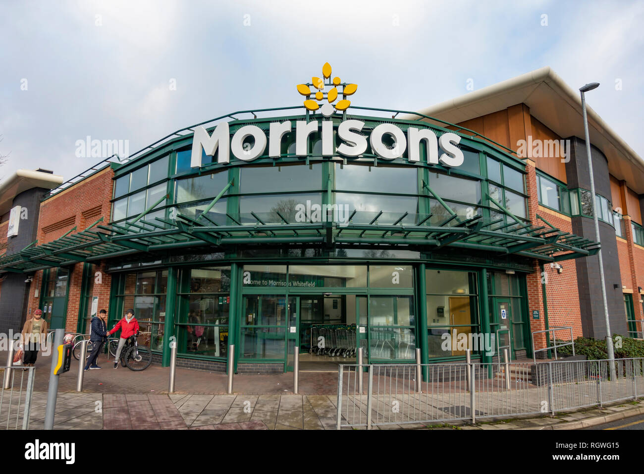 Morrisons supermarket sign in Whitefield, Bury. Stock Photo
