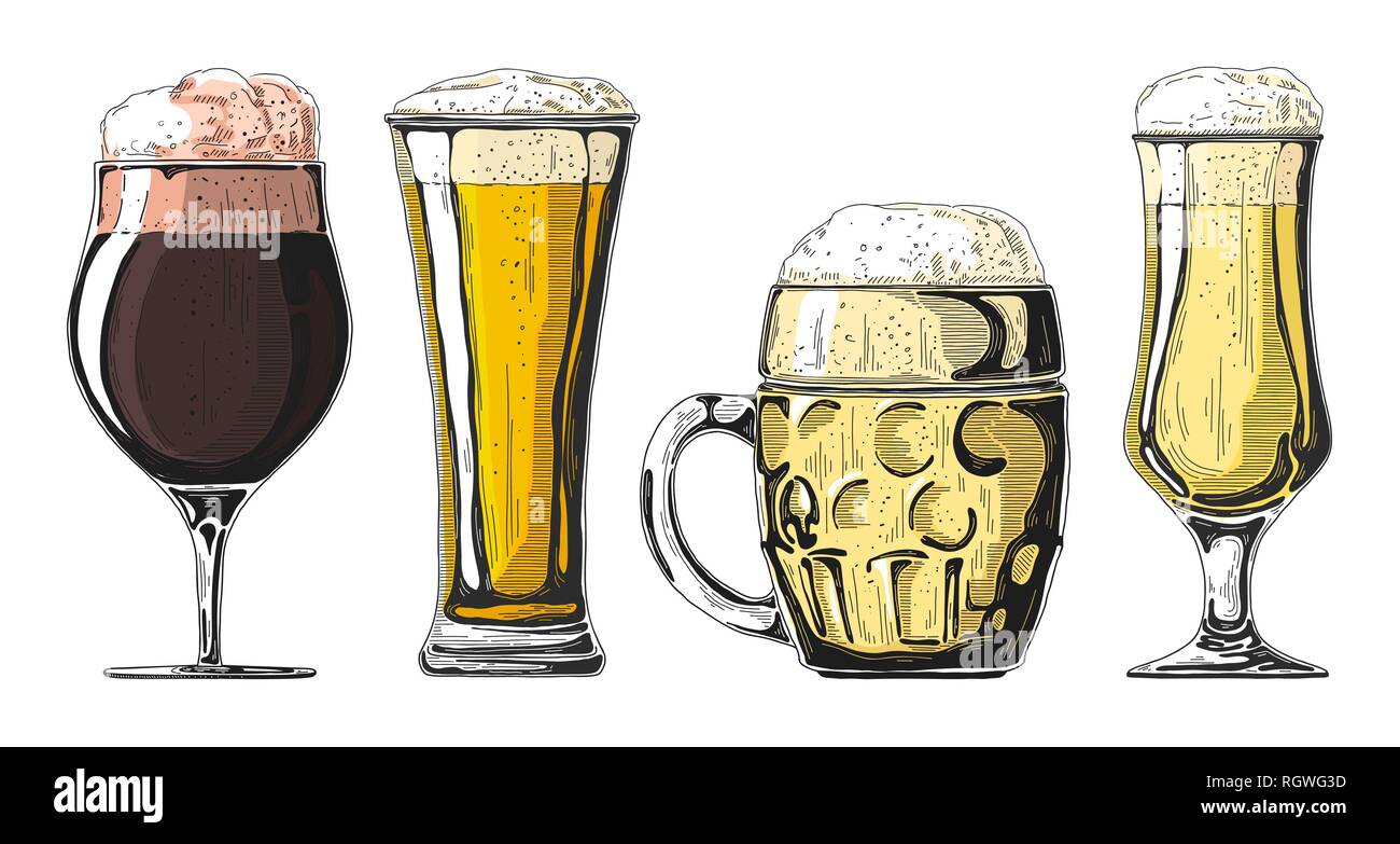 Set of different glasses with beer, different mugs of beer. Vector illustration of a sketch style. Stock Vector