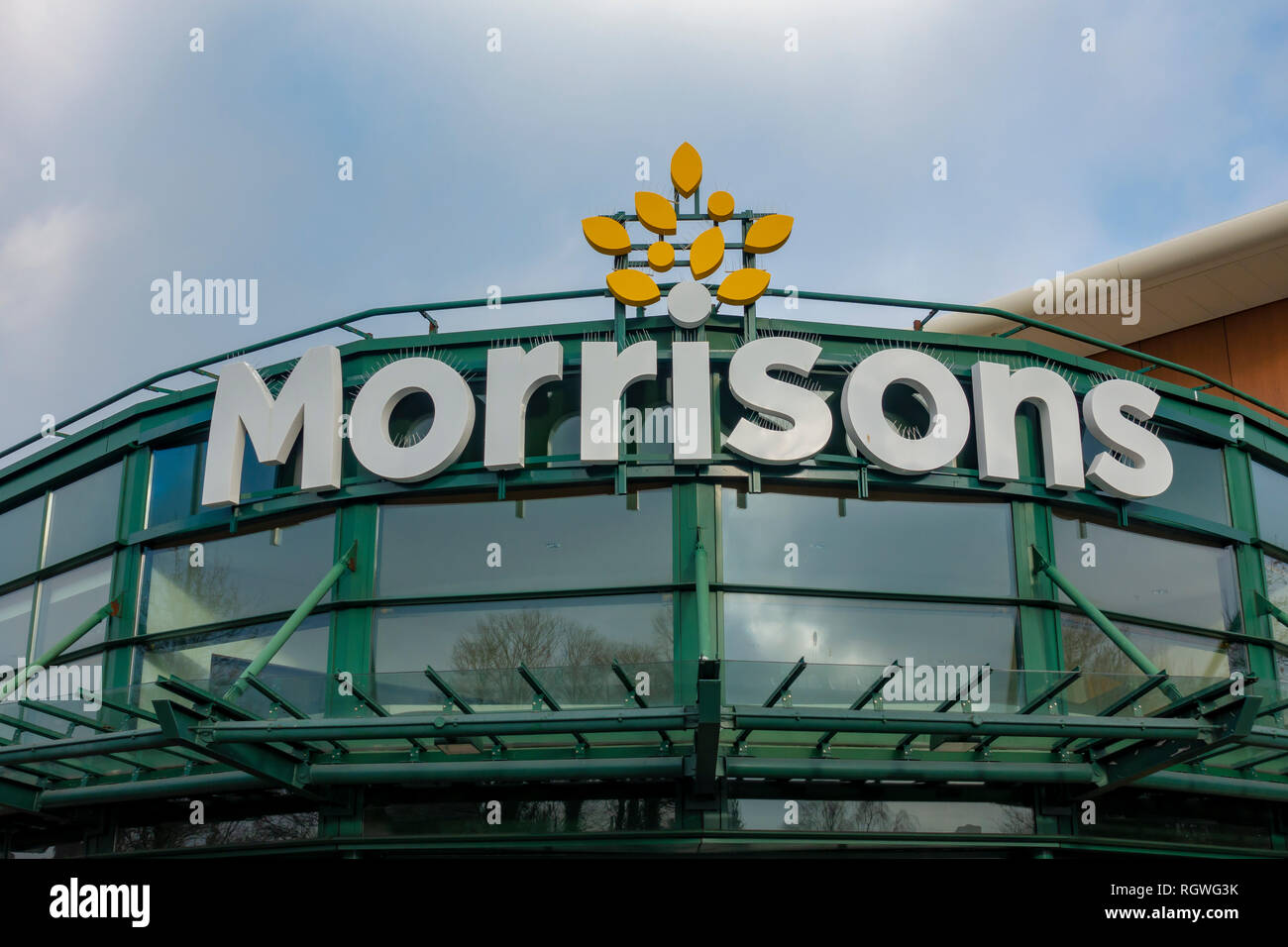 Morrisons supermarket sign in Whitefield, Bury. Stock Photo