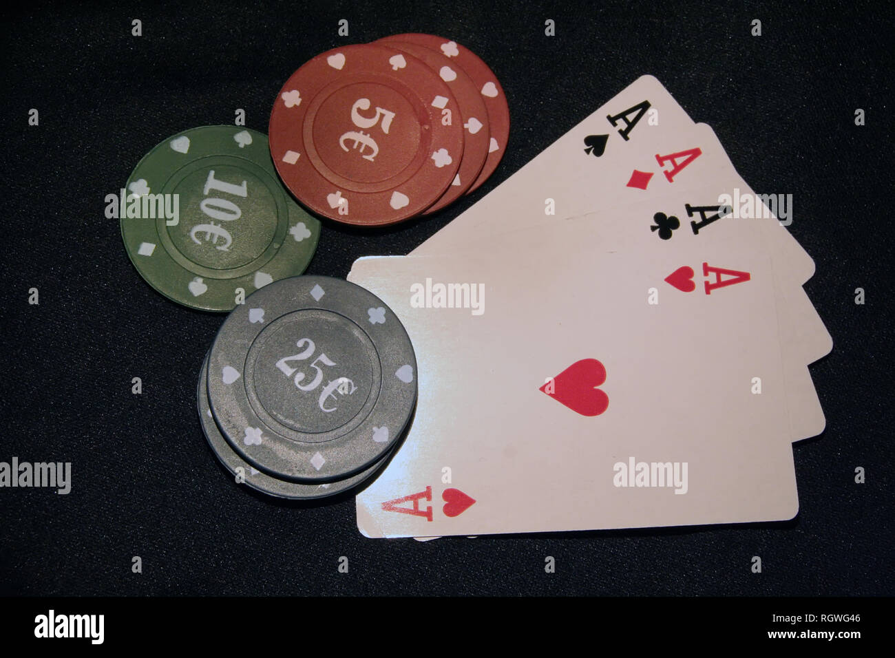 Casino cards and chips. Casino game. Card deck and poker chips. Stock Photo