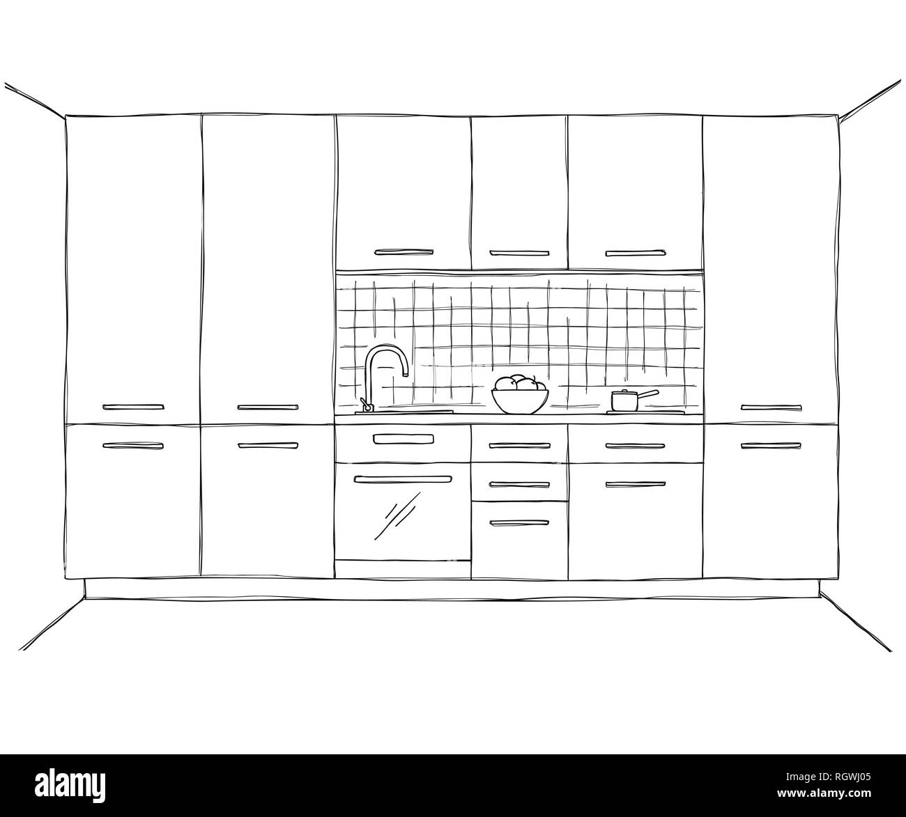 Hand drawn kitchen furniture. Vector illustration in sketch style. Stock Vector