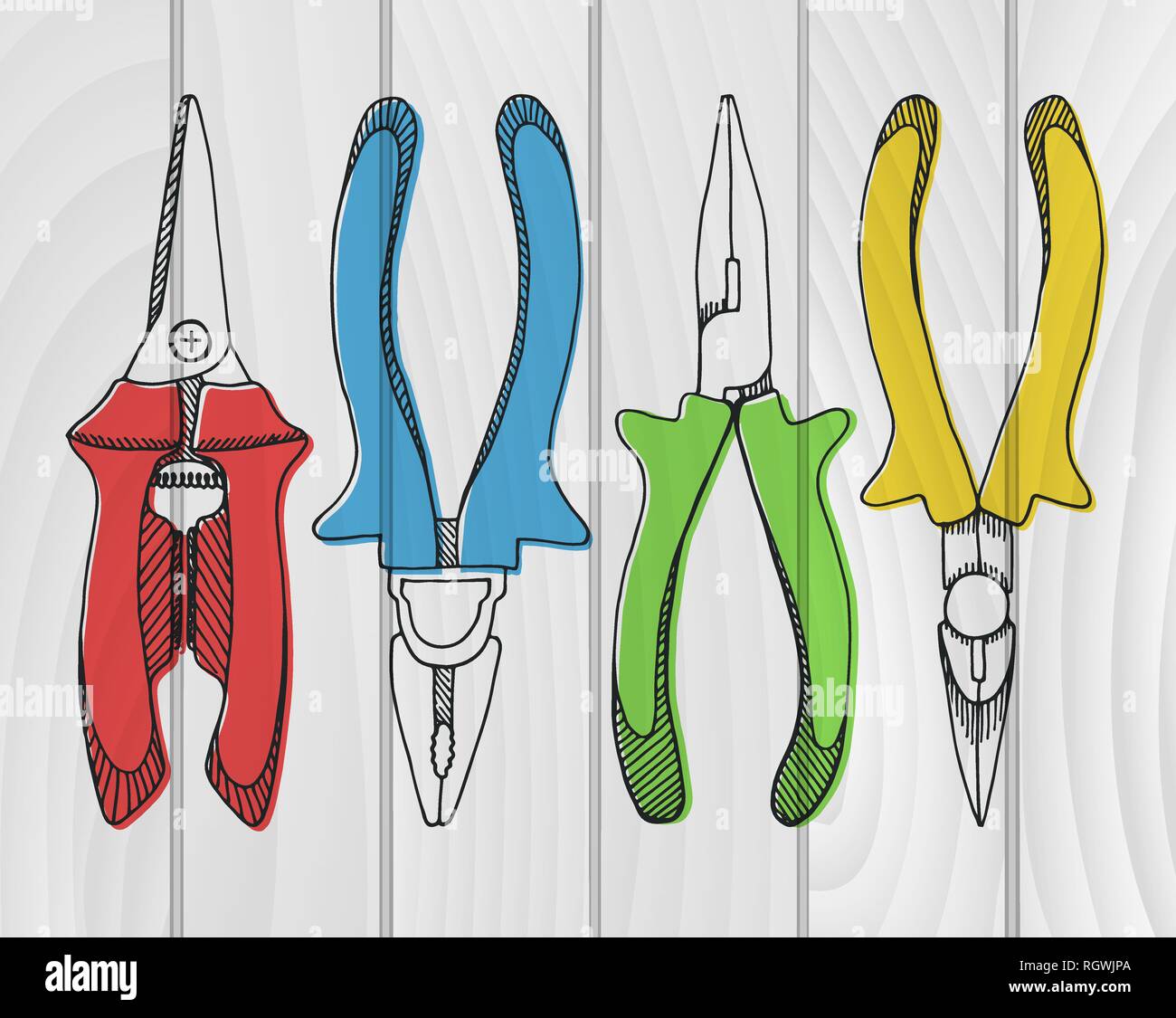 Set of pliers, pincers, and pruning scissors. Tools illustration in vector sketch style. Stock Vector