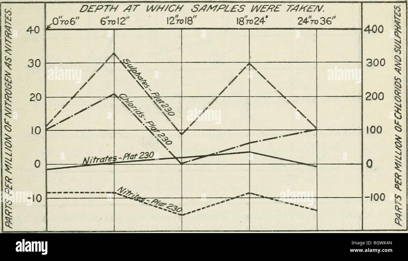 . Bulletin. 1901-13. Agriculture; Agriculture. NITEIFYING POWEB OF SOILS AT DIFFERENT DEPTHS. 17 Figures 11 and 12 present the results obtained from samples of soil from plats 240, 250, 260, and 270. The fields in which these plats are AO 30 20 10 -10 DEPTH ^T WWC/:/ S/)MP/.Â£S WÂ£/?Â£ T/JH-E/V. XiroQ' 6toI2&quot; I2toI8&quot; 18to24&quot; 24'/rj36&quot; i^jlphates;: ,Plqt22V. ,traUs-Plar220- A/iWfeS'f/ar220 400 Â« 300 I 200 ^ (00 â 100 Fig. 9.âDiagram showing the nitrification of ammonium sulphate in samples of soil from different depths from plat 220, Truckee-Carson Experiment Farm. Original Stock Photo
