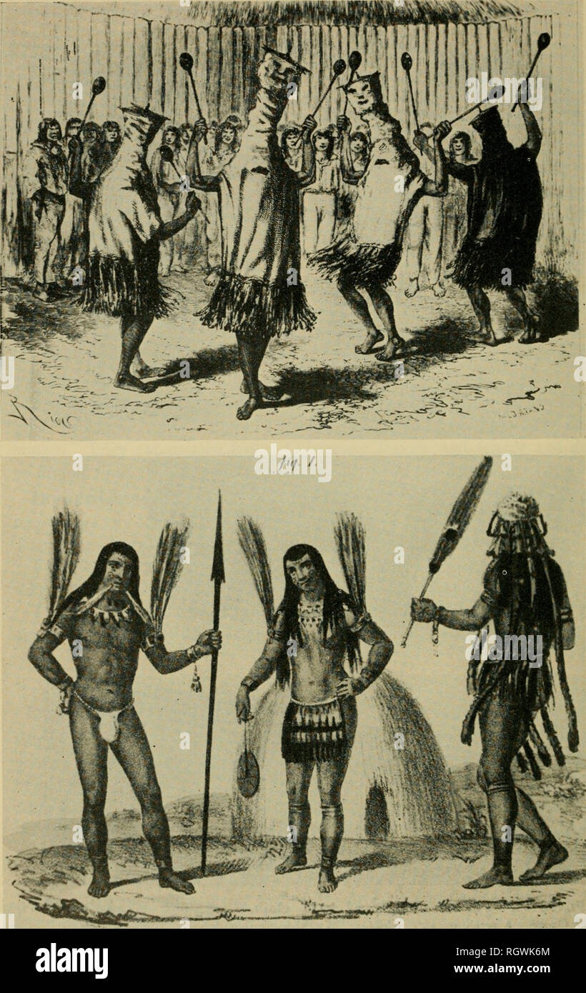 . Bulletin. Ethnology. Plate 65.—Tucuna Indians of the 19th century. Top: Part of girl's puberty ceremony. (After Marcoy, 1869.) Bottom: Tucuna of the upper Amazon; a Mundurucii woman in center. (After Osculati, 1854.). Please note that these images are extracted from scanned page images that may have been digitally enhanced for readability - coloration and appearance of these illustrations may not perfectly resemble the original work.. Smithsonian Institution. Bureau of American Ethnology. Washington : G. P. O. Stock Photo