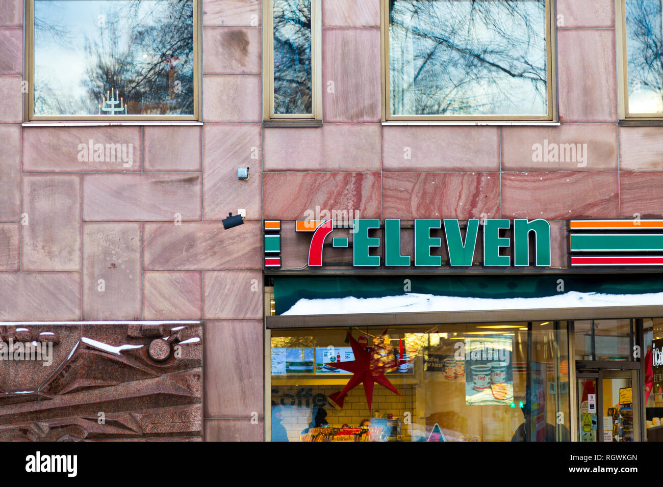 Front of 7-Eleven convenience store in Stockholm, Sweden Stock Photo