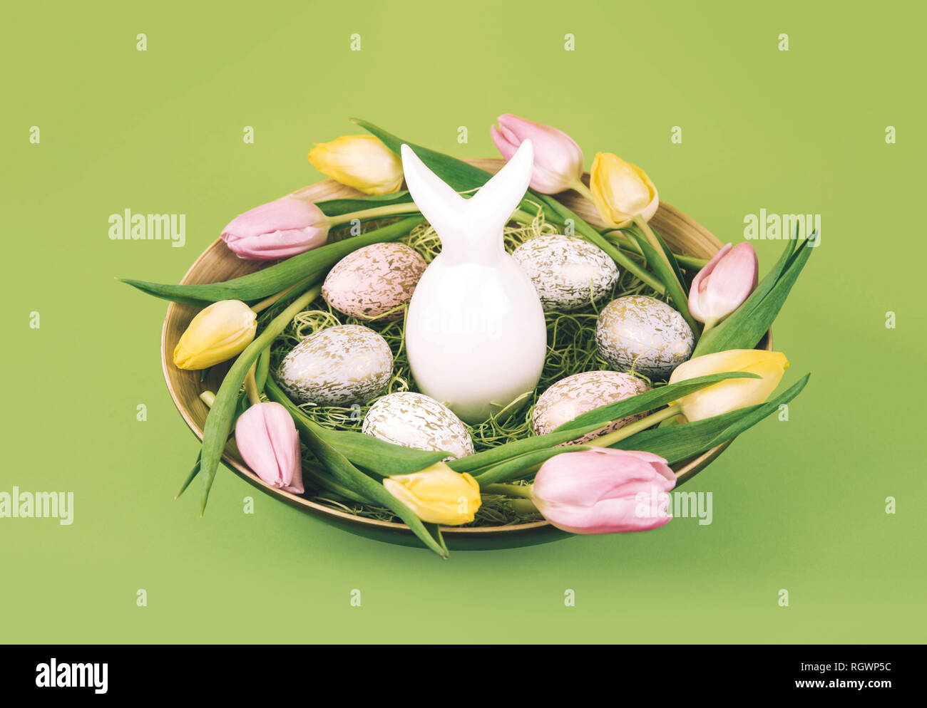 Easter composition with painted eggs and easter bunny Stock Photo Alamy