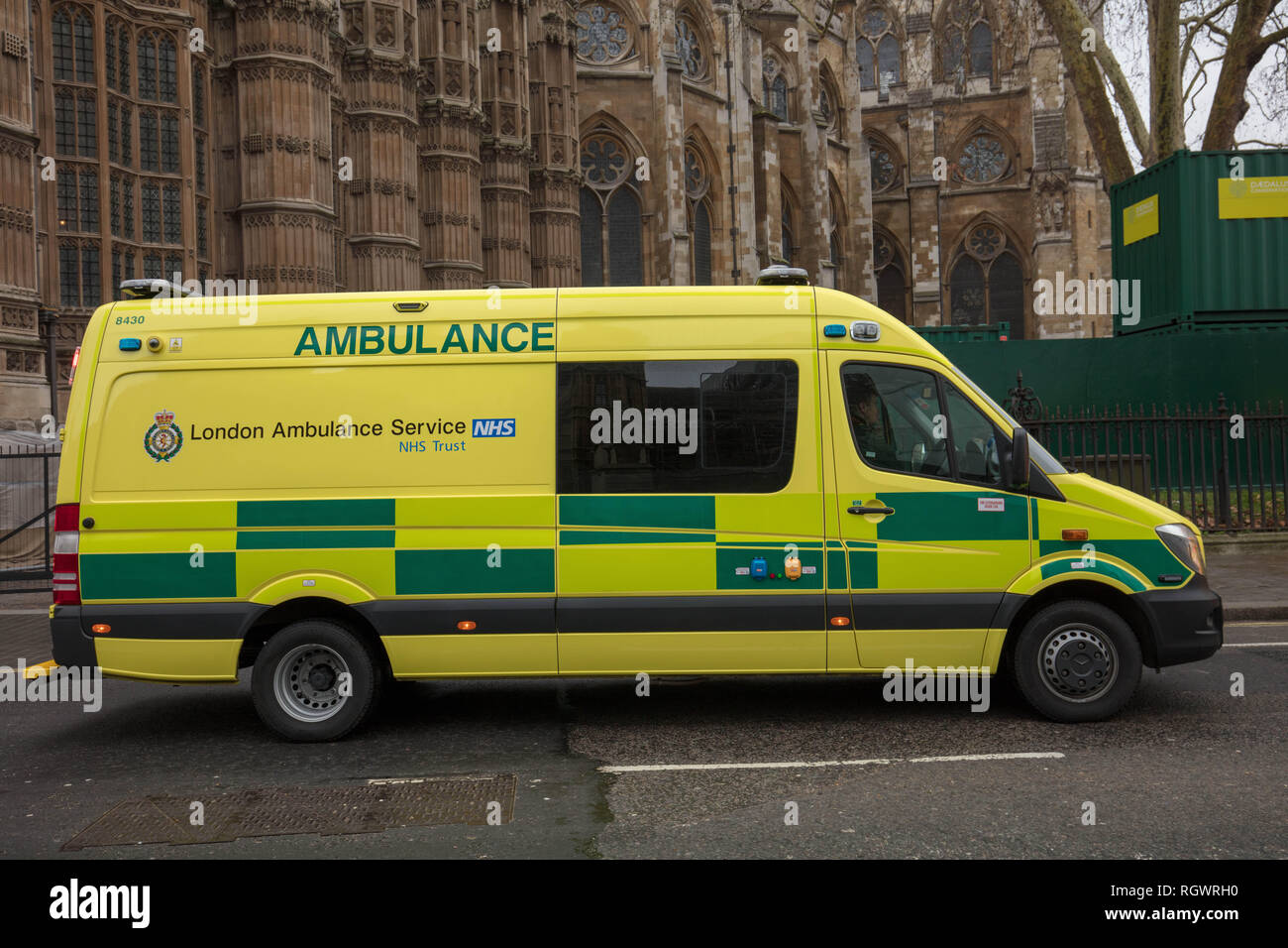 London Ambulance near Parliament Square, London, UK, responding to one of the many emergency calls received in one of the LAS control rooms. Stock Photo