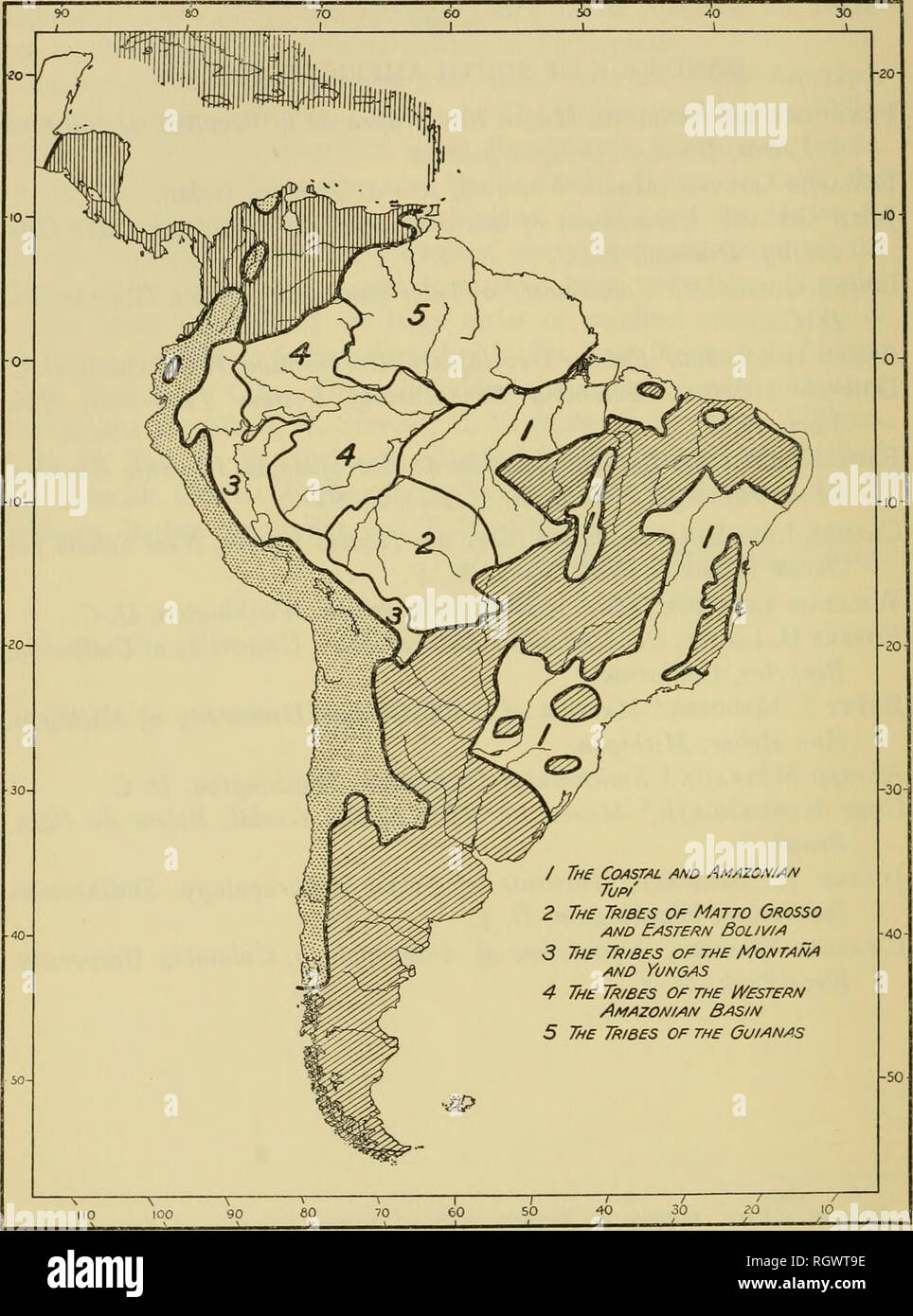 . Bulletin. Ethnology. Map 1—Areas of South America covered by Volumes 1, 2, 3, and 4 of the Handbook of South American Indians. Diagonal hachure, Marginal Tribes, Volume 1; stipled, Andean Civilizations, Volume 2; v^rhite, tribes of the Tropical Forests, Volume 3; vertical hachure, areas covered by Volume 4. These are not culture areas (see map 8). XXVI. Please note that these images are extracted from scanned page images that may have been digitally enhanced for readability - coloration and appearance of these illustrations may not perfectly resemble the original work.. Smithsonian Instituti Stock Photo