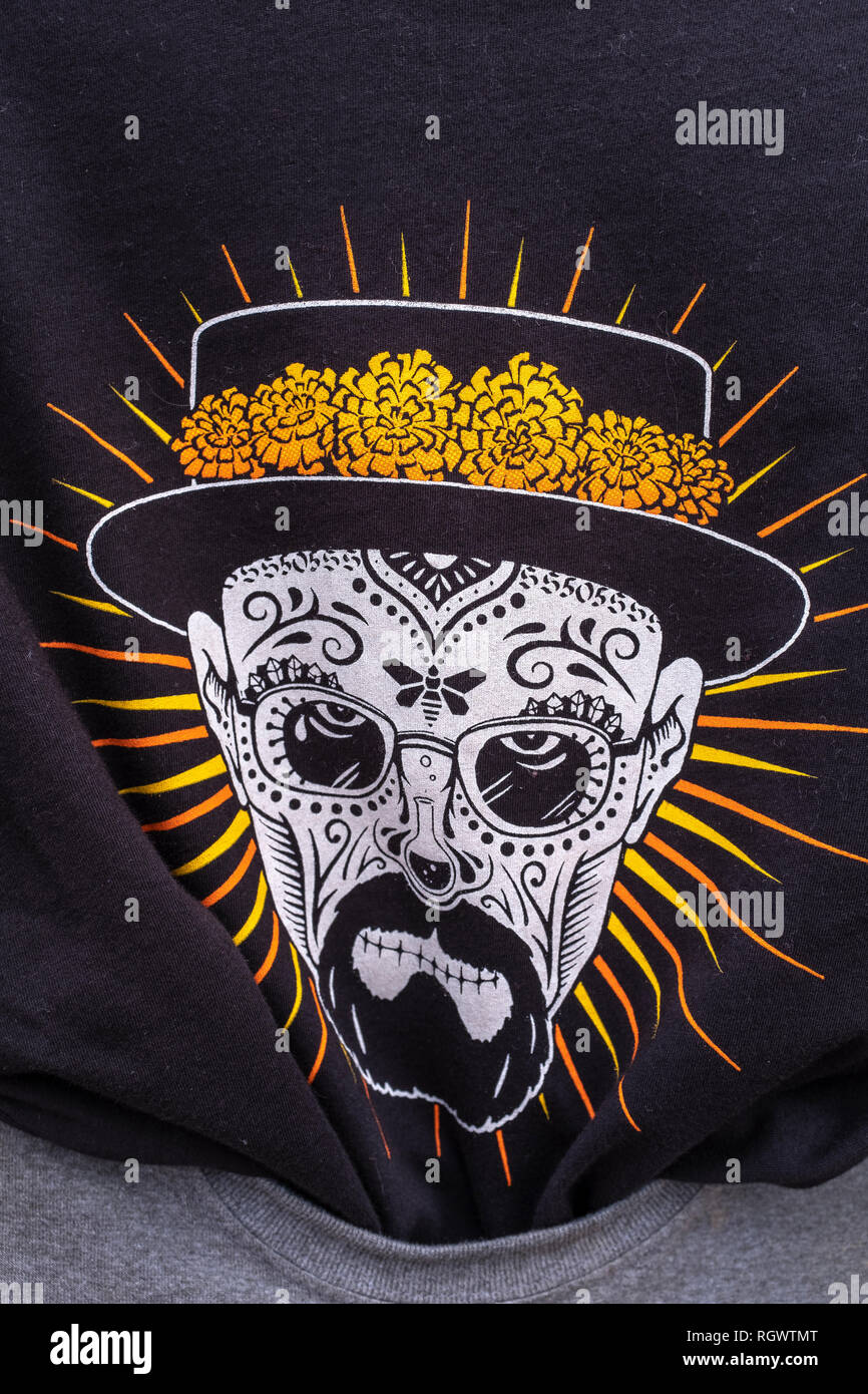 novelty T-shirt depicting Breaking Bad's Walter White (Bryan Cranston) as Day of the Dead skull Stock Photo