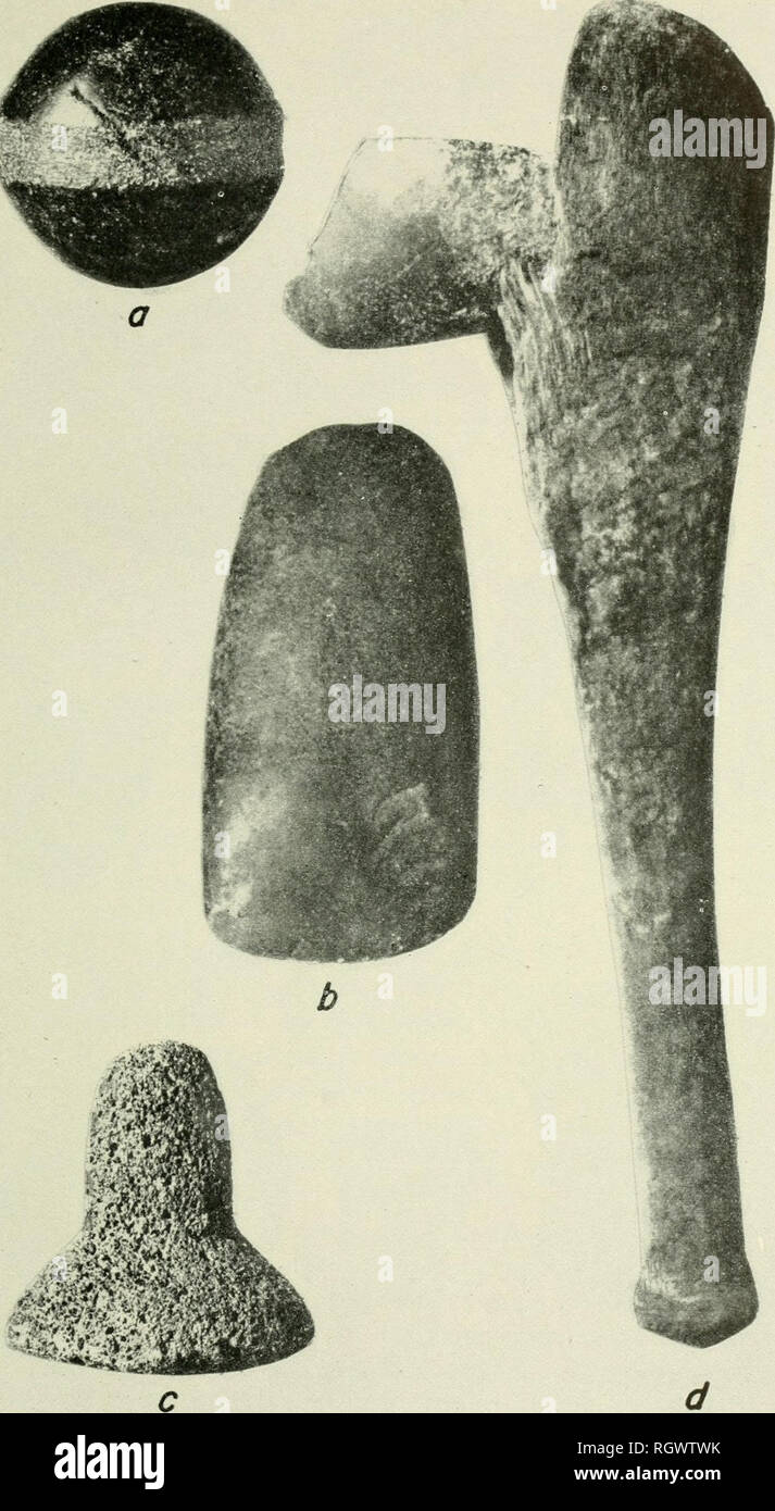 . Bulletin. Ethnology. Plate 21.—stone artifacts from Neuquen. a, Bola (J-2 natural size); b, celt (^.5 natural size); c, sohador (^-lo natural size); d, hafted celt from Chos Malal salt mine (U natural size). (After Aparicio, 1935, pis. 20, 21, 22.). Please note that these images are extracted from scanned page images that may have been digitally enhanced for readability - coloration and appearance of these illustrations may not perfectly resemble the original work.. Smithsonian Institution. Bureau of American Ethnology. Washington : G. P. O. Stock Photo