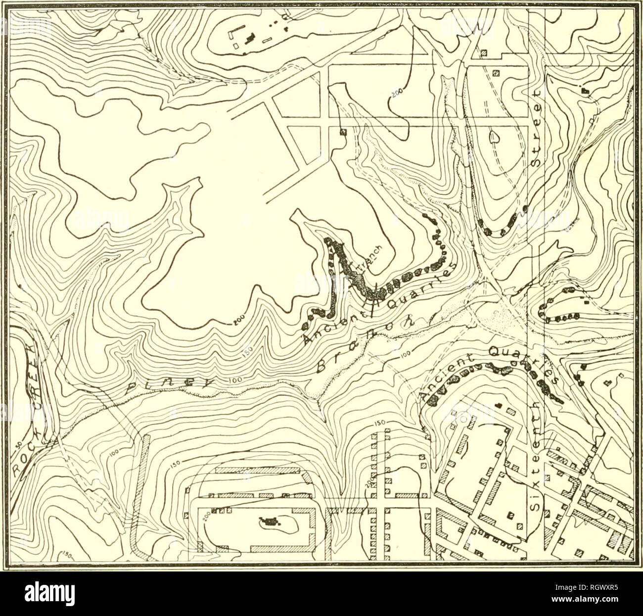 . Bulletin. Ethnology. 160 BUREAU OF AMERICAN ETHNOLOGY [bull. 60 The old quarries are scattered along the bowlder outcrop at favor- able points. The most extensive traces of ancient Present Appear- ^york occur in the face of a ravine on the north side ance of the (juar- . , , it ^ t,- ^ ries or the creek on about the line or Eighteenth Street. There are but slight superficial traces of the opera- tions, a condition due to the fact that the loosely bedded gravels above crumble rapidly and fill any pit tings made on the slope below. The. Fig. 43. Map of lower Piney Branch, showing position of b Stock Photo