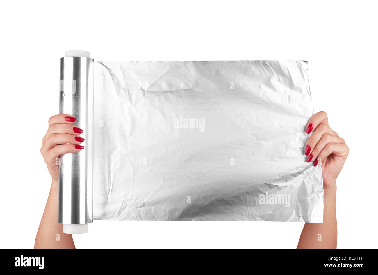 woman holding a roll of aluminum foil Stock Photo