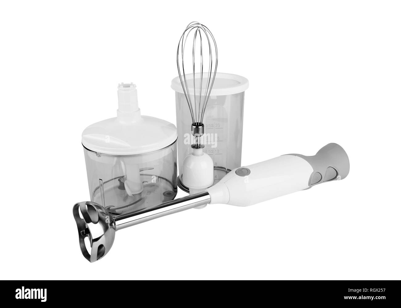 Electrical hand mixer and dishware isolated on a white Stock Photo