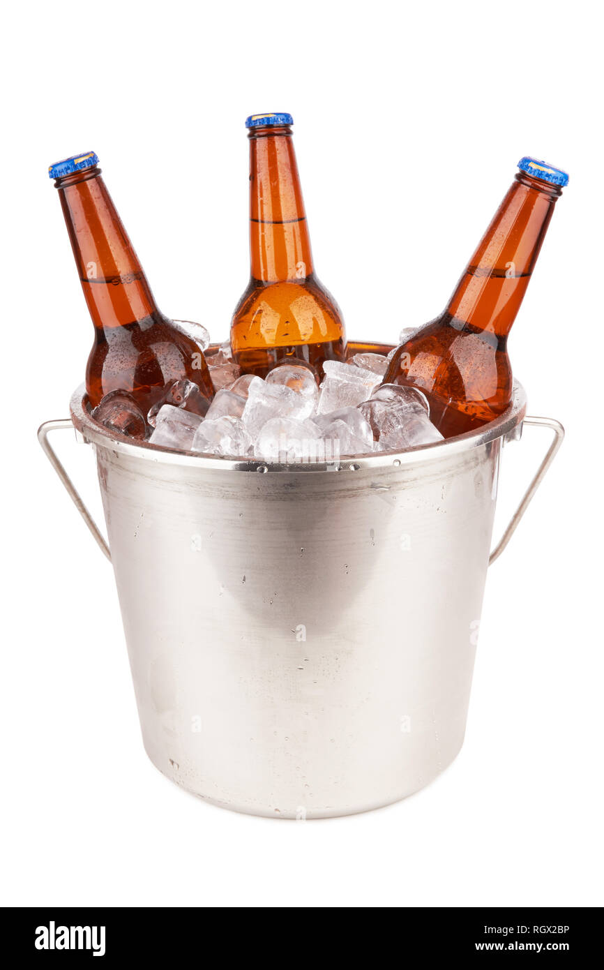 Three brown beer bottles in a bucket of ice isolated on a white