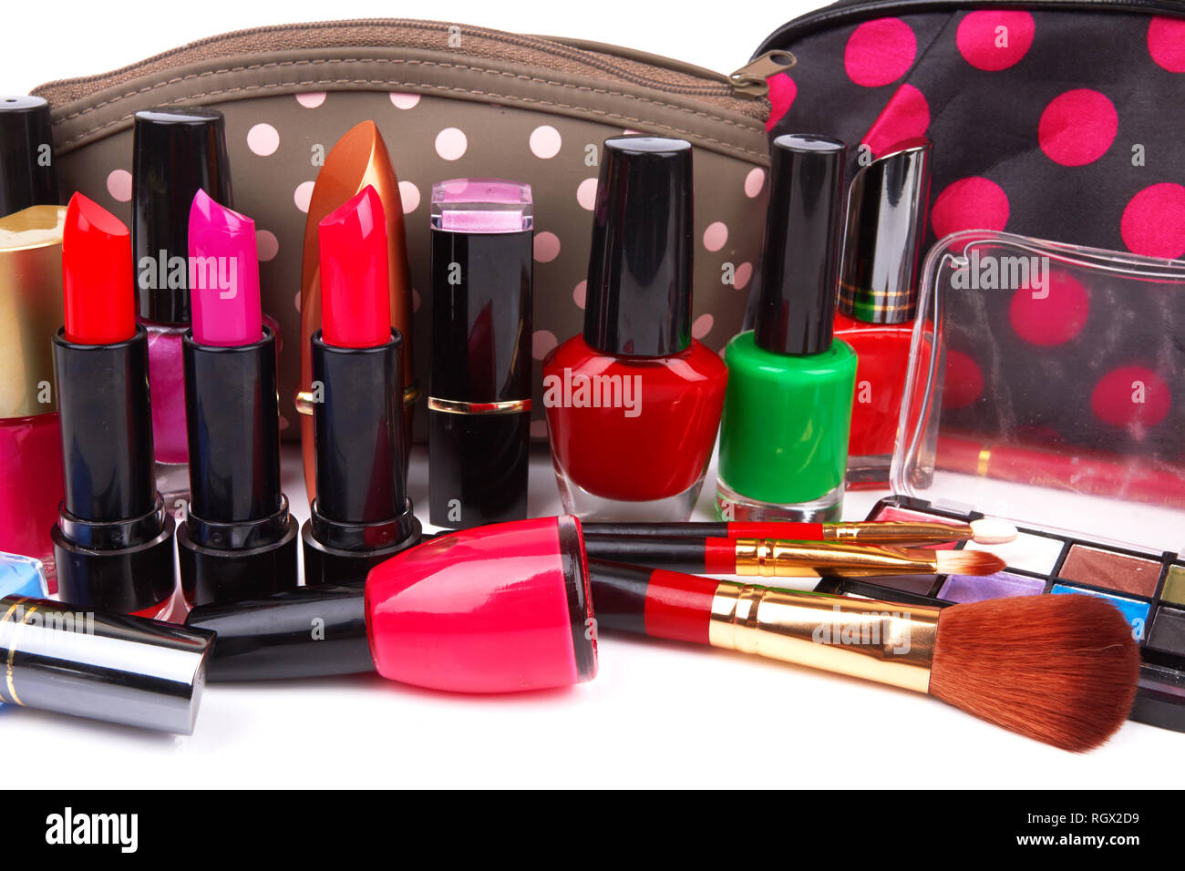 Make up bag with cosmetics and brushes isolated on white Stock Photo